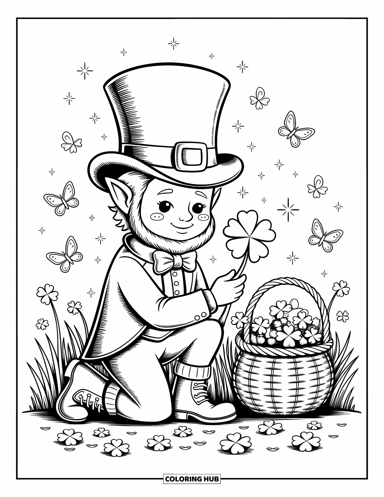 Leprechaun Coloring Page for Adults: A leprechaun holds a large clover while butterflies flutter around