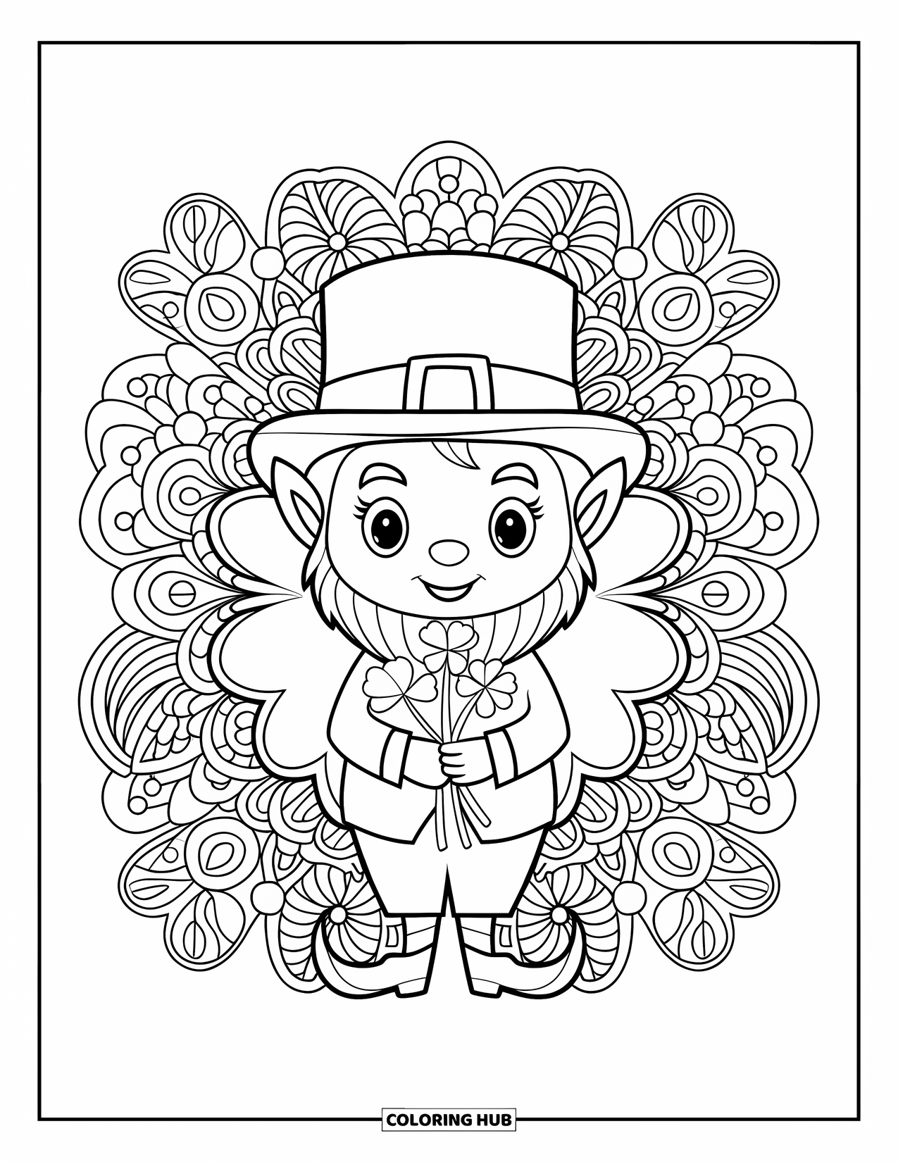 Leprechaun Coloring Page for Adults: A leprechaun holds a shamrock bouquet surrounded by floral mandalas