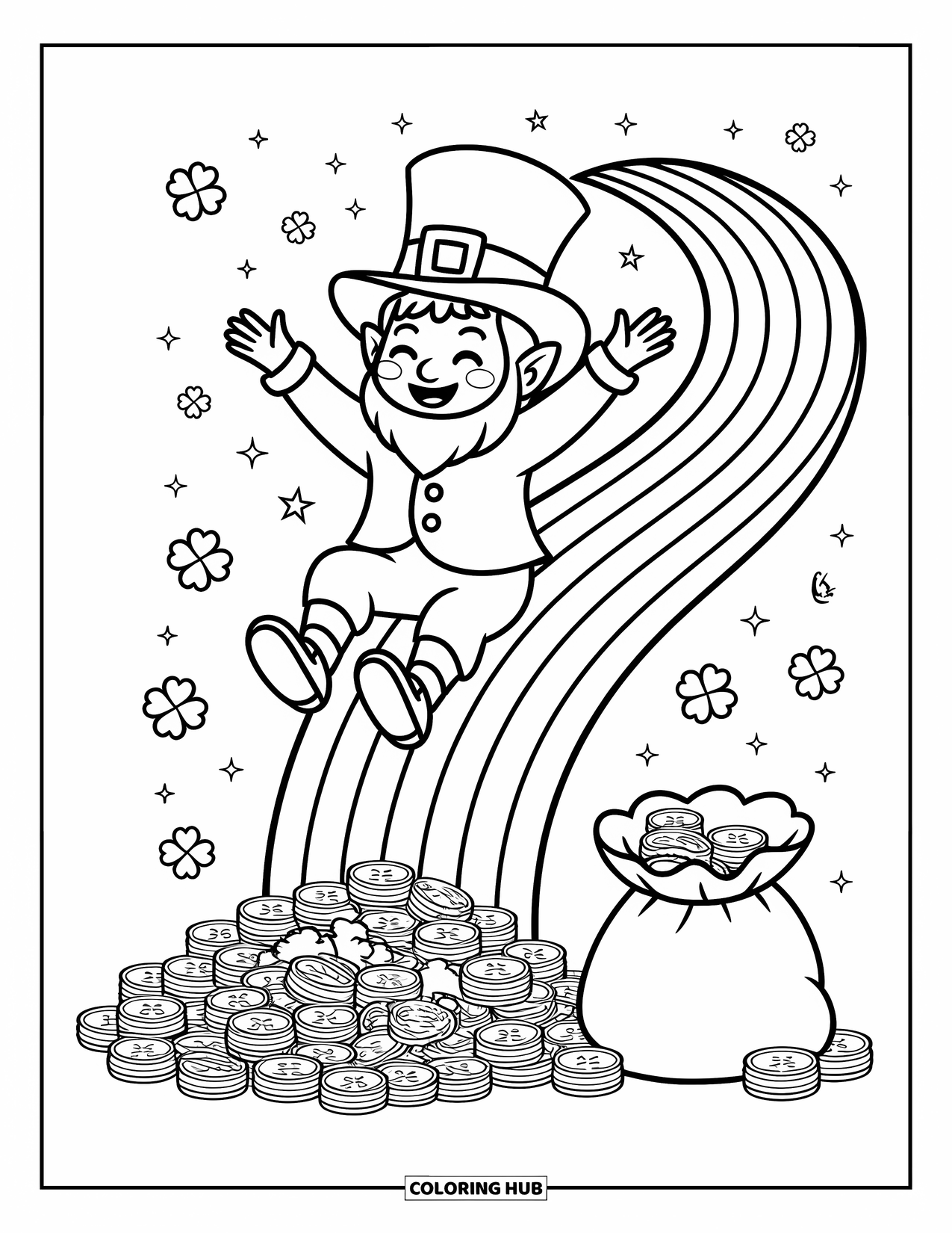 Leprechaun Coloring Page for Adults: A leprechaun joyfully slides down a rainbow into clovers and coins