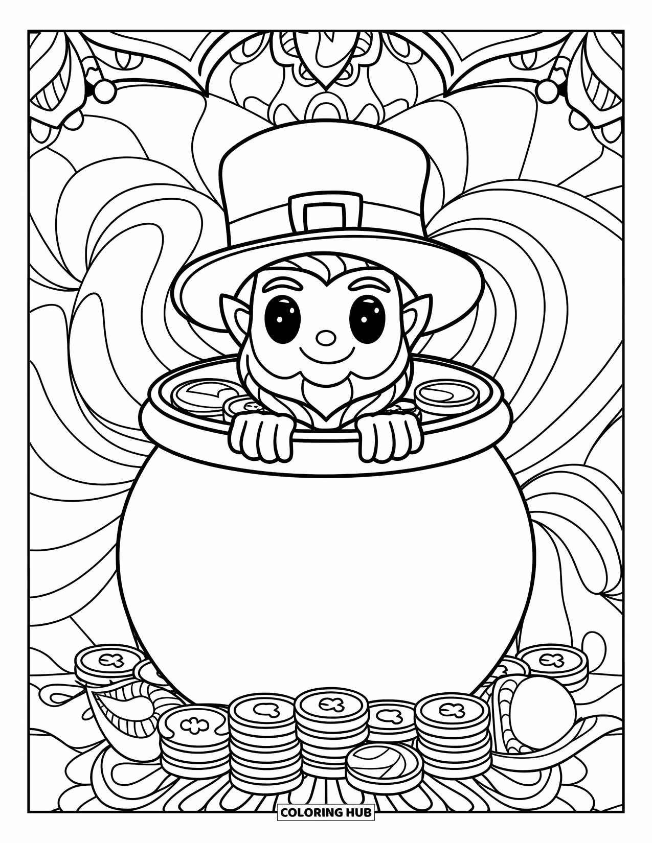 Leprechaun Coloring Page for Adults: A leprechaun peeks from a pot of coins framed by swirling mandalas