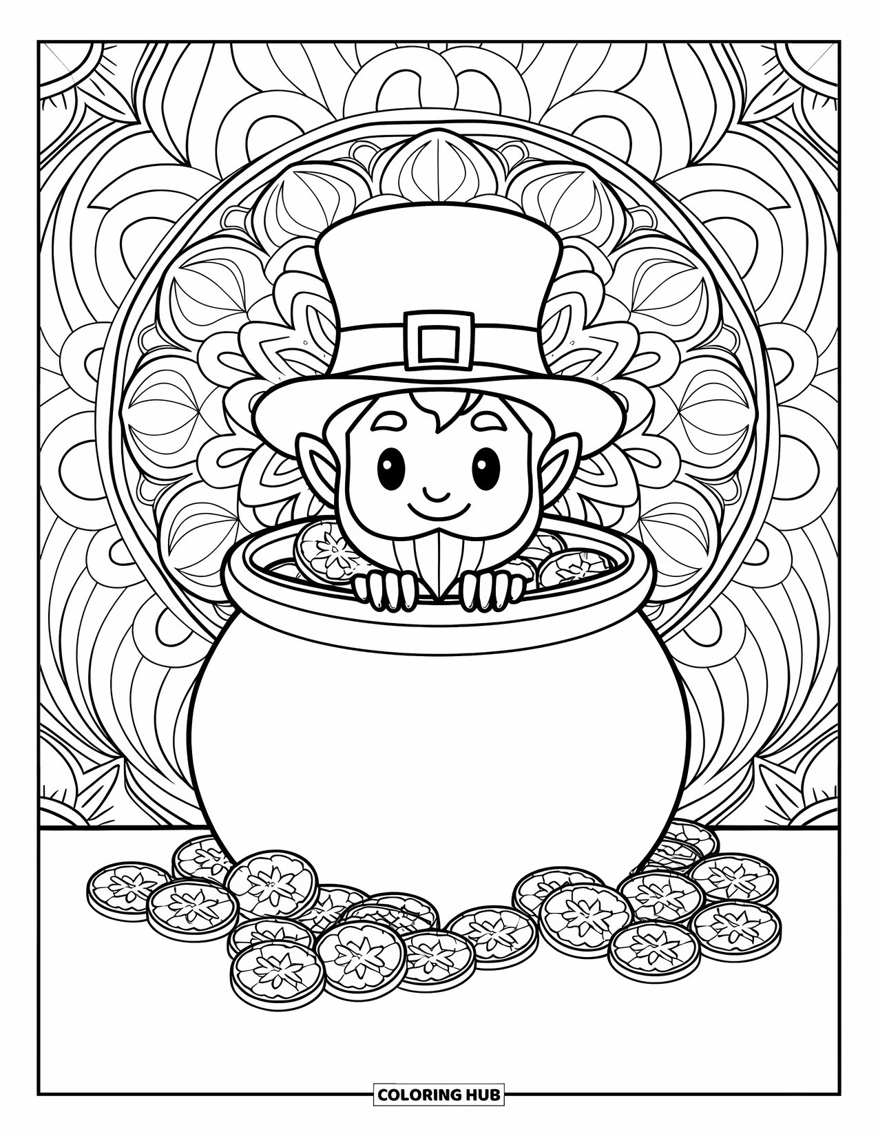 Leprechaun Coloring Page for Adults: A leprechaun peeks from a pot of coins with mandalas around