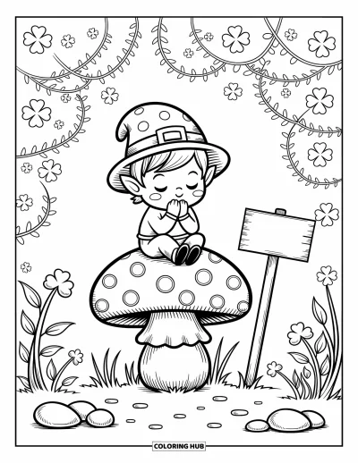 Yetişkinler için Leprekon Boyama Sayfası: Yakınında "Fairy Trail" tabelası olan bir mantarda dinlenen bir leprekon