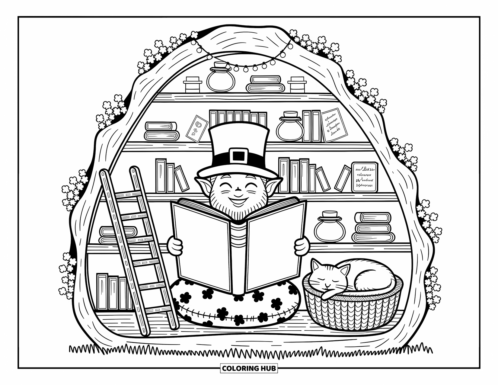 Leprechaun Coloring Page for Adults: A leprechaun sits in a tree library surrounded by books, jars, and a cat