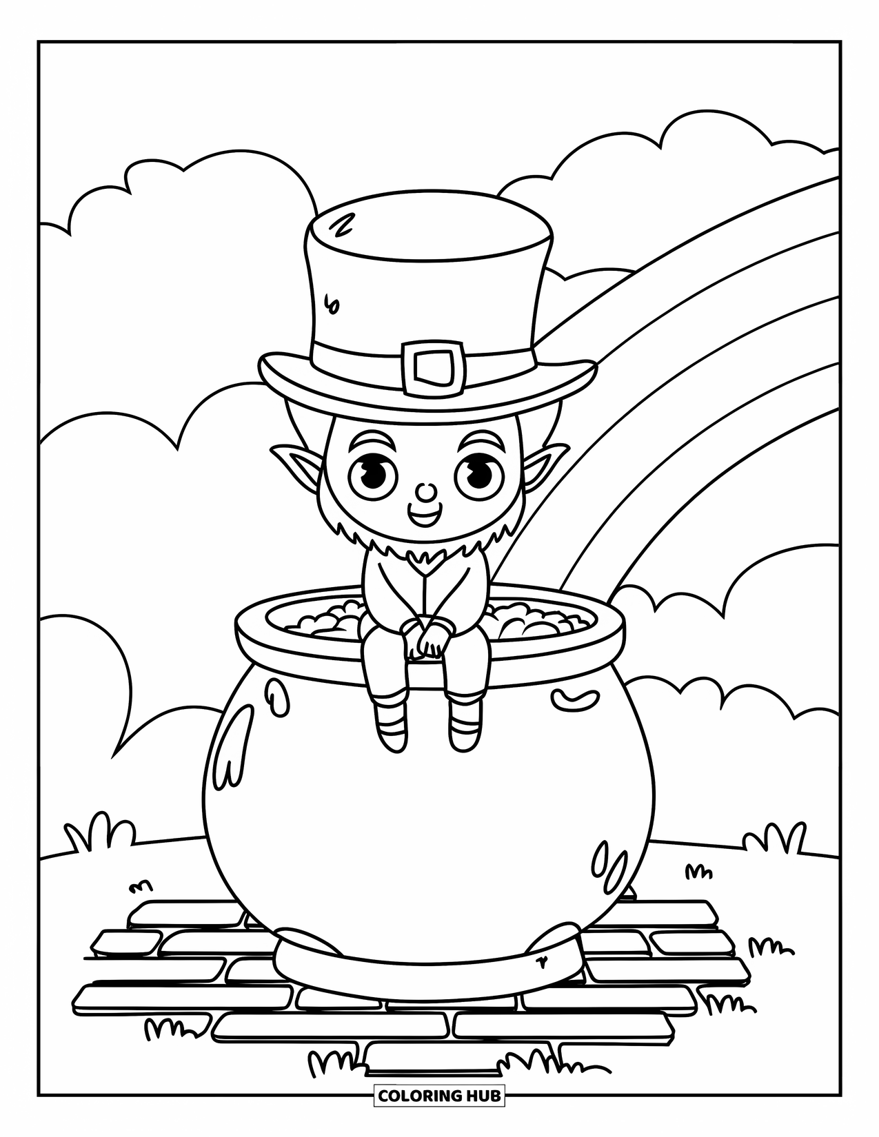 Leprechaun Coloring Page for Adults: A leprechaun sits on a pot of gold with a rainbow above