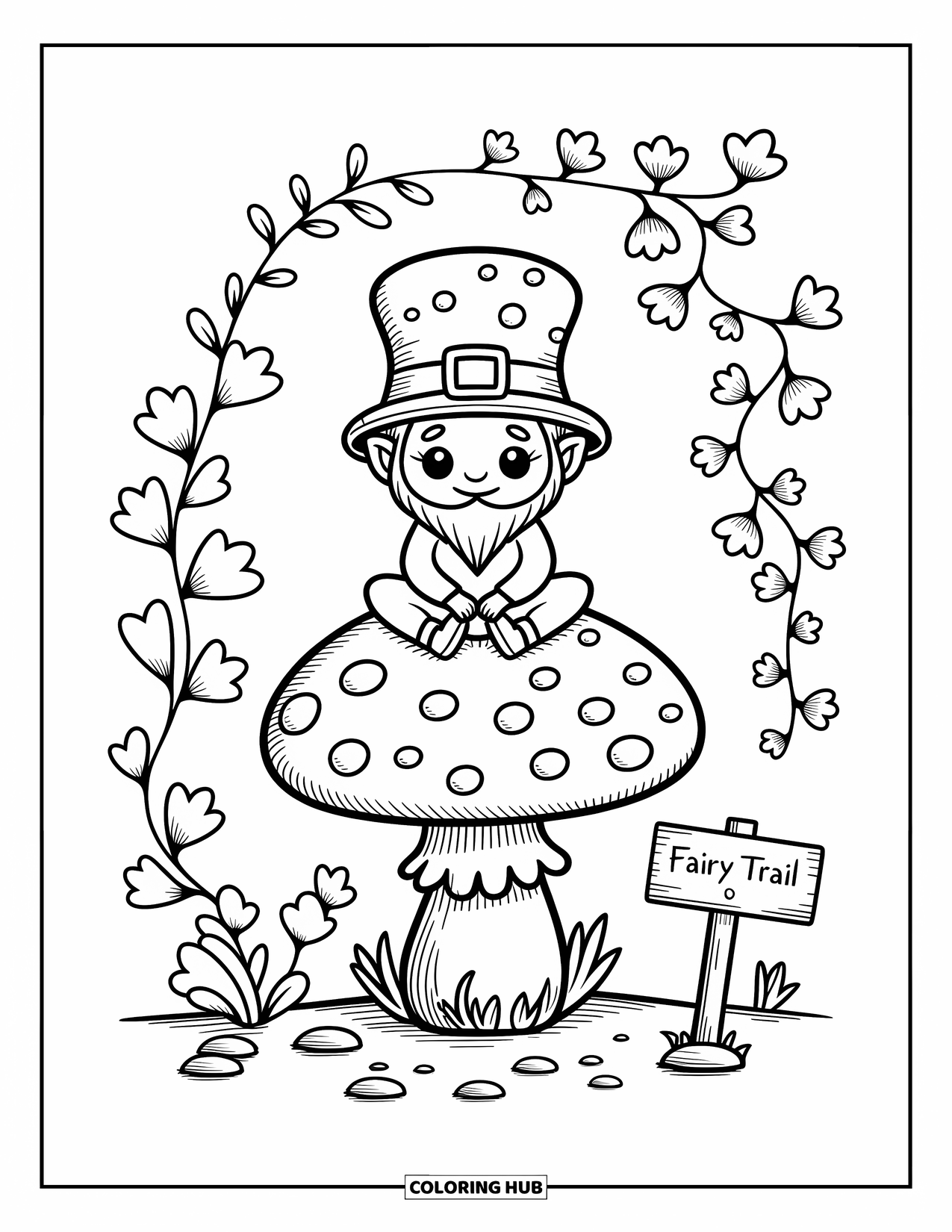 Leprechaun Coloring Page for Adults: A leprechaun sits on a spotted mushroom surrounded by clovers and vines