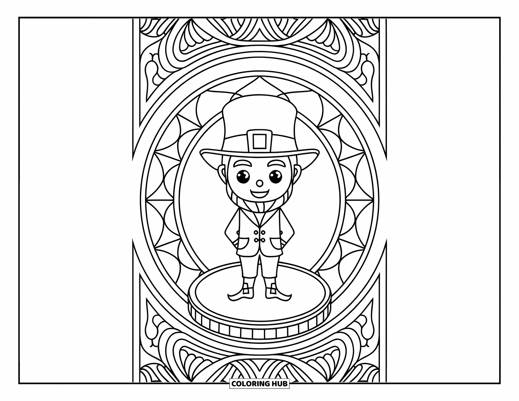 Leprechaun Coloring Page for Adults: A leprechaun stands on a gold coin framed by stained glass circles