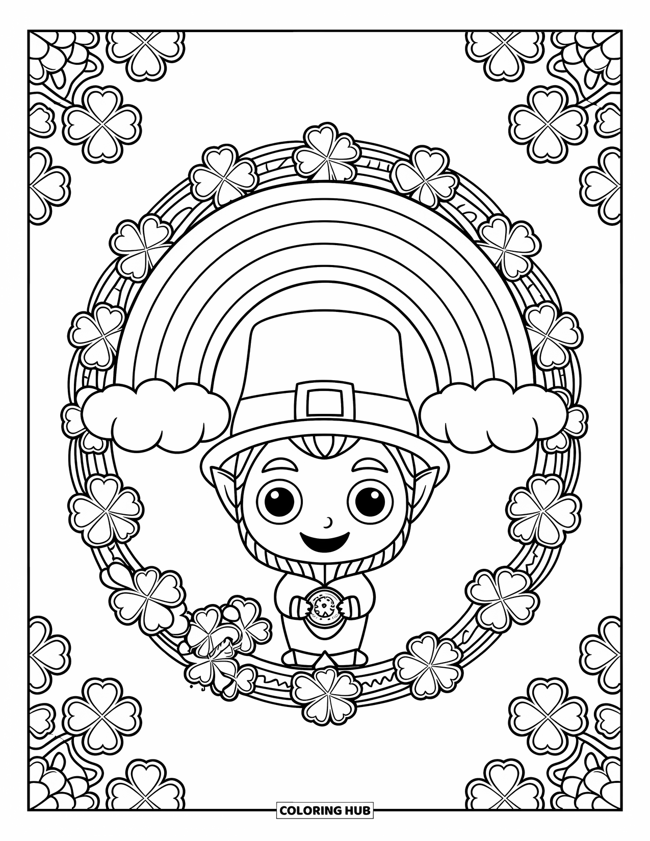 Leprechaun Coloring Page for Adults: A leprechaun stands under a rainbow framed by clover mandalas