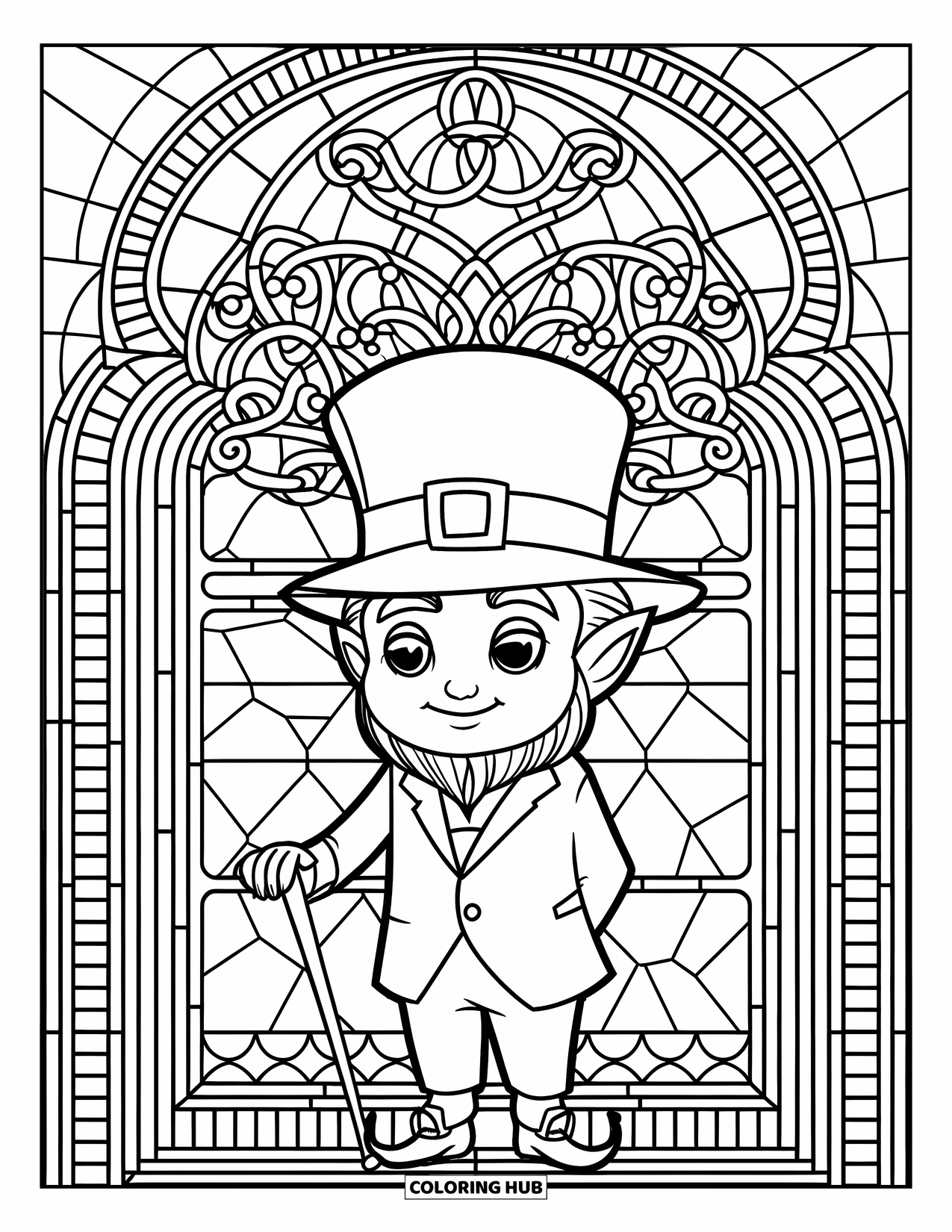 Leprechaun Coloring Page for Adults: A leprechaun stands with a cane in front of patterned stained glass