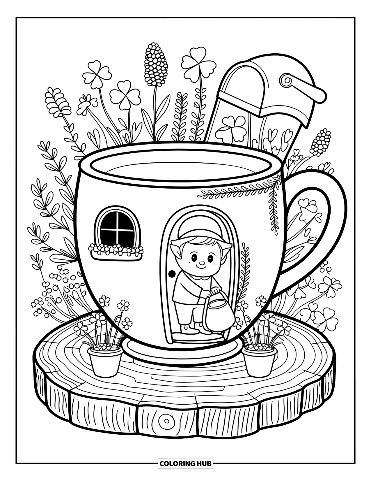 Leprechaun Coloring Page for Adults: A leprechaun waters shamrocks beside a teacup house with flowers