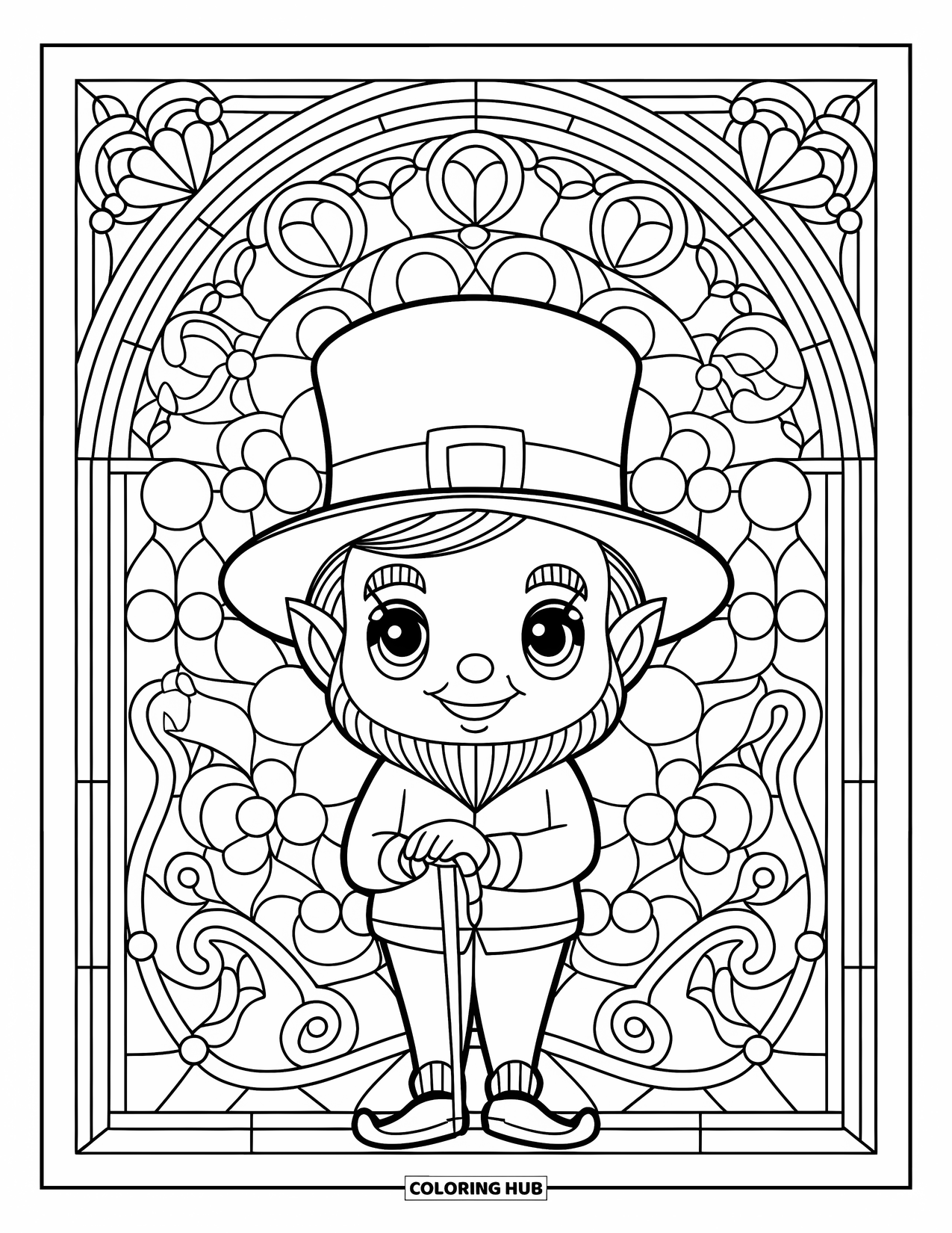 Leprechaun Coloring Page for Adults: A leprechaun with a cane stands before detailed stained glass patterns