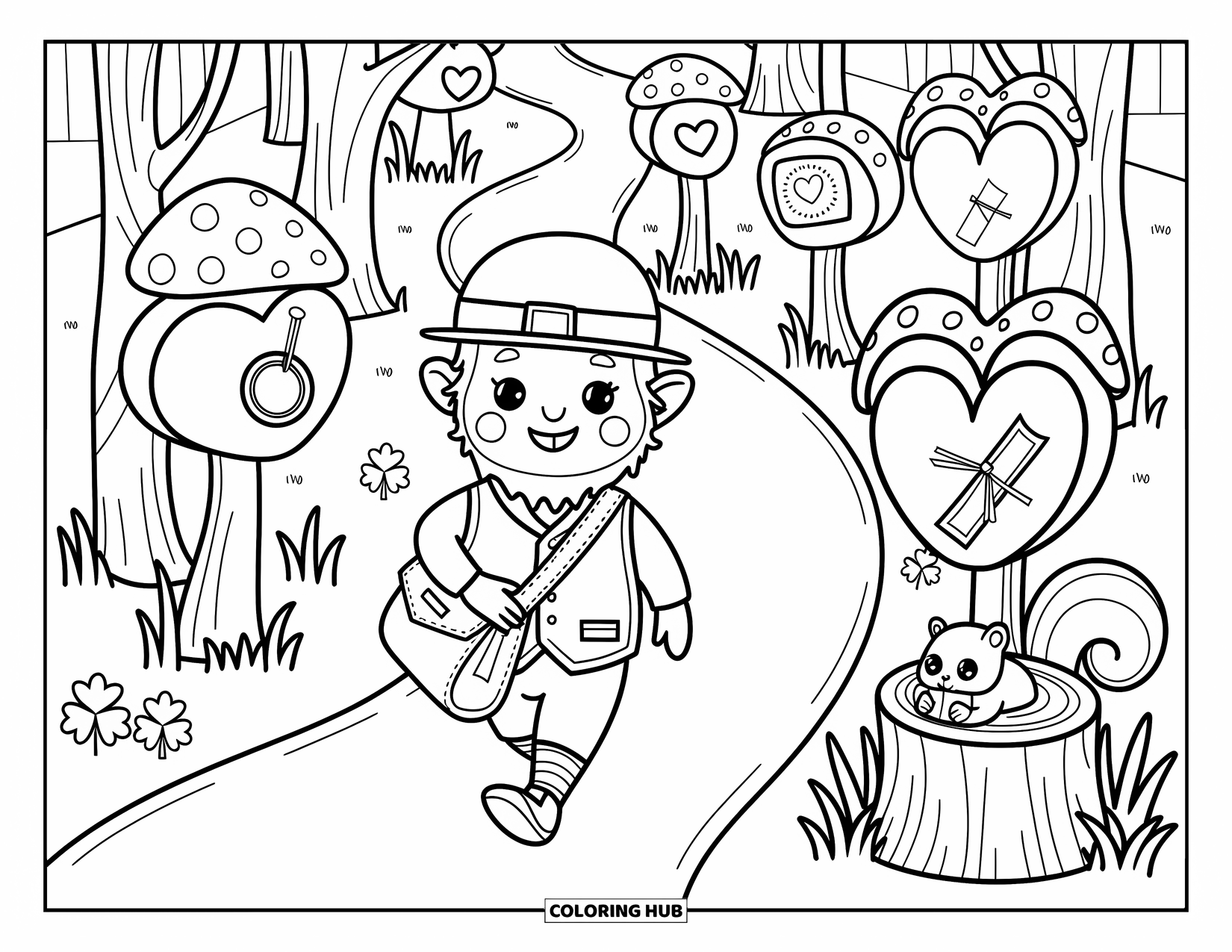 Leprechaun Coloring Page for Adults: A postal leprechaun with a satchel walks by toadstool mailboxes and a squirrel