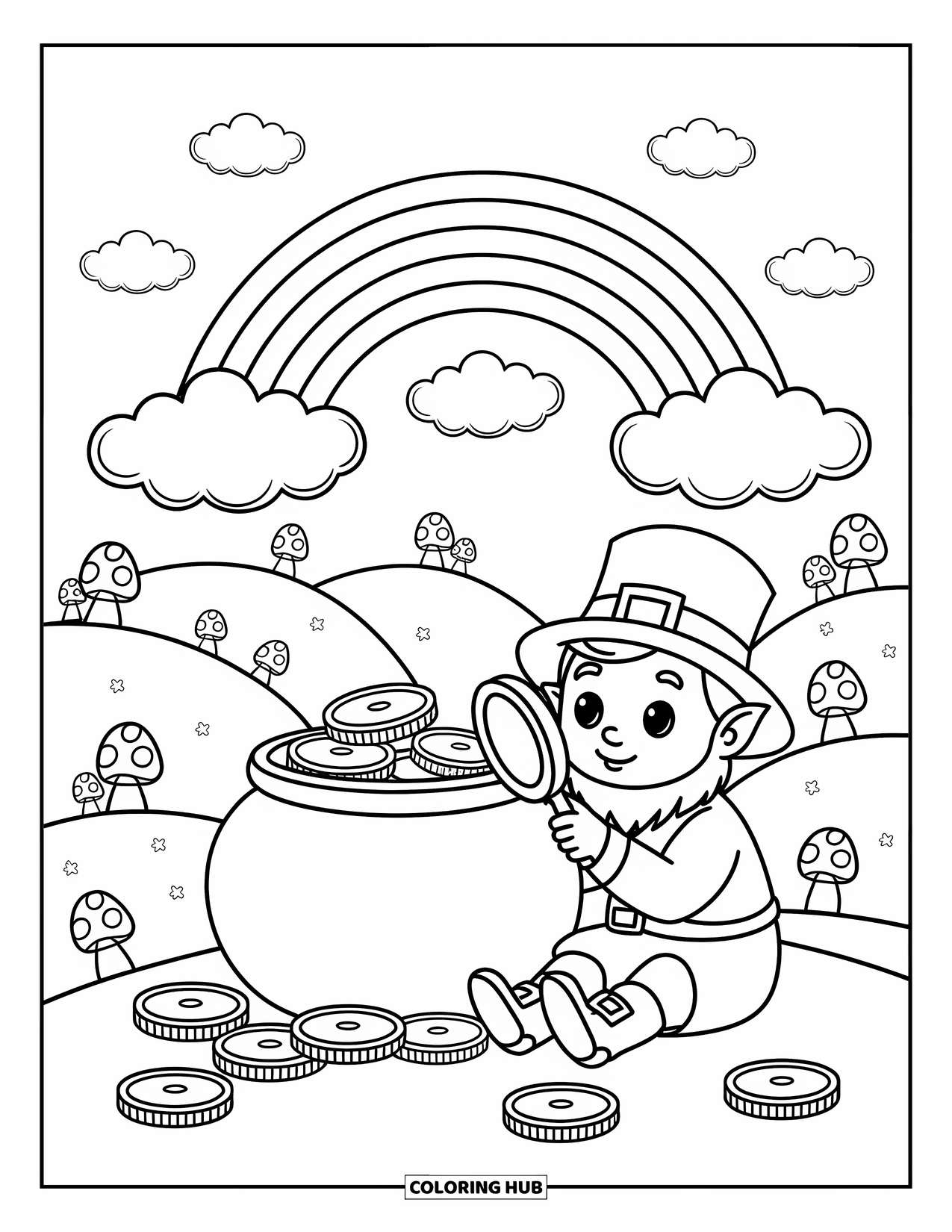 Leprechaun Coloring Page for Adults: A seated leprechaun inspects a coin under a rainbow with mushrooms