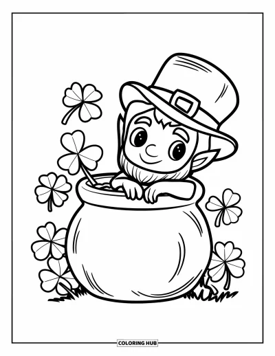 Çocuklar için Leprekon Boyama Sayfası: Yeşil sakallı, altın tencereye dayanan chibi bir leprekon