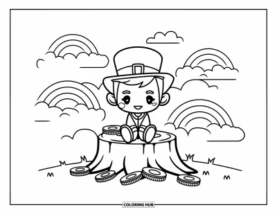 Çocuklar için Leprekon Boyama Sayfası: Gökkuşakları ve bulutlarla kütük üzerinde duran chibi bir leprekon