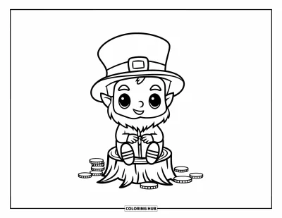 Çocuklar için Leprekon Boyama Sayfası: Etrafı madeni paralarla çevrili kütük üzerinde oturan chibi bir leprekon