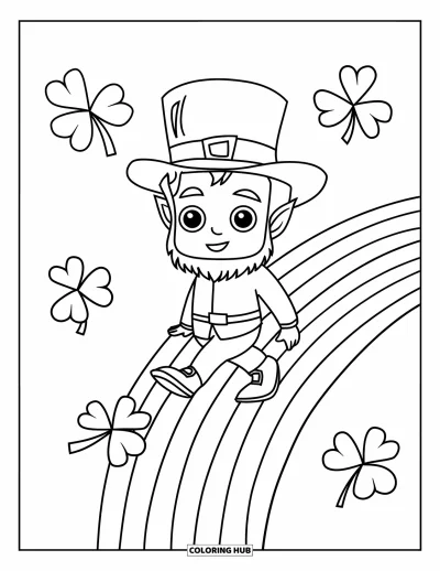 Çocuklar için Leprekon Boyama Sayfası: Etrafında yonca yaprakları olan gökkuşağı basamaklarında yürüyen chibi bir leprekon