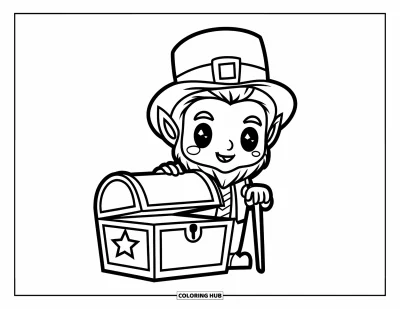 Çocuklar için Leprekon Boyama Sayfası: Hazine sandığı yanında baston tutan chibi bir leprekon