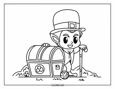 Çocuklar için Leprekon Boyama Sayfası: Taşlı zeminde sandığın yanında baston tutan chibi bir leprekon