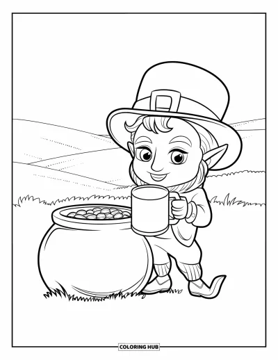 Çocuklar için Leprekon Boyama Sayfası: Bir tarlada kupa ve altın tenceresi olan chibi bir leprekon