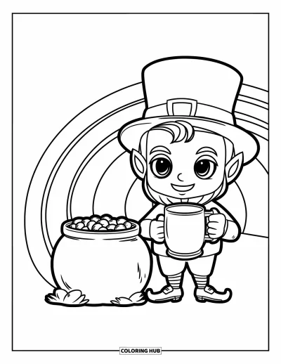 Çocuklar için Leprekon Boyama Sayfası: Gökkuşağının altında kupa ve altın tenceresi olan chibi bir leprekon