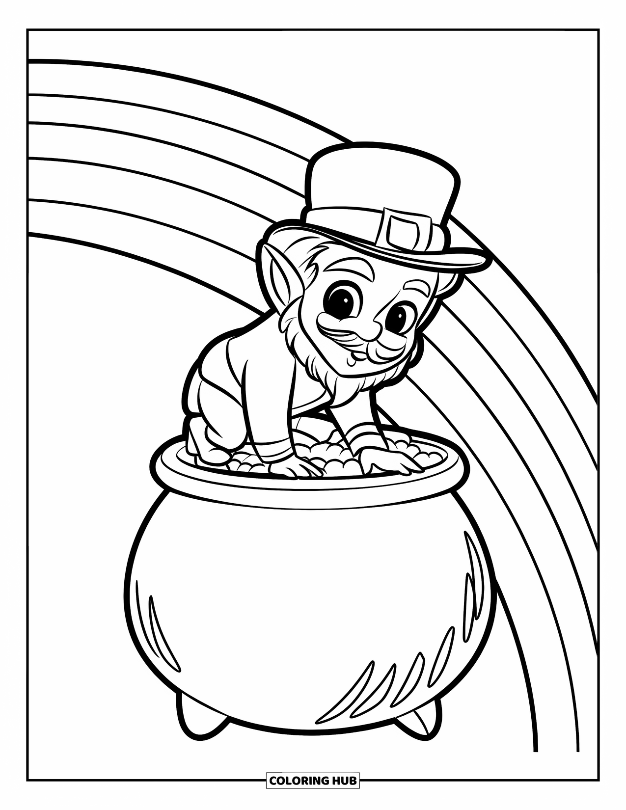 Leprechaun Coloring Page for Kids: A leprechaun climbing on a pot of gold with rainbow