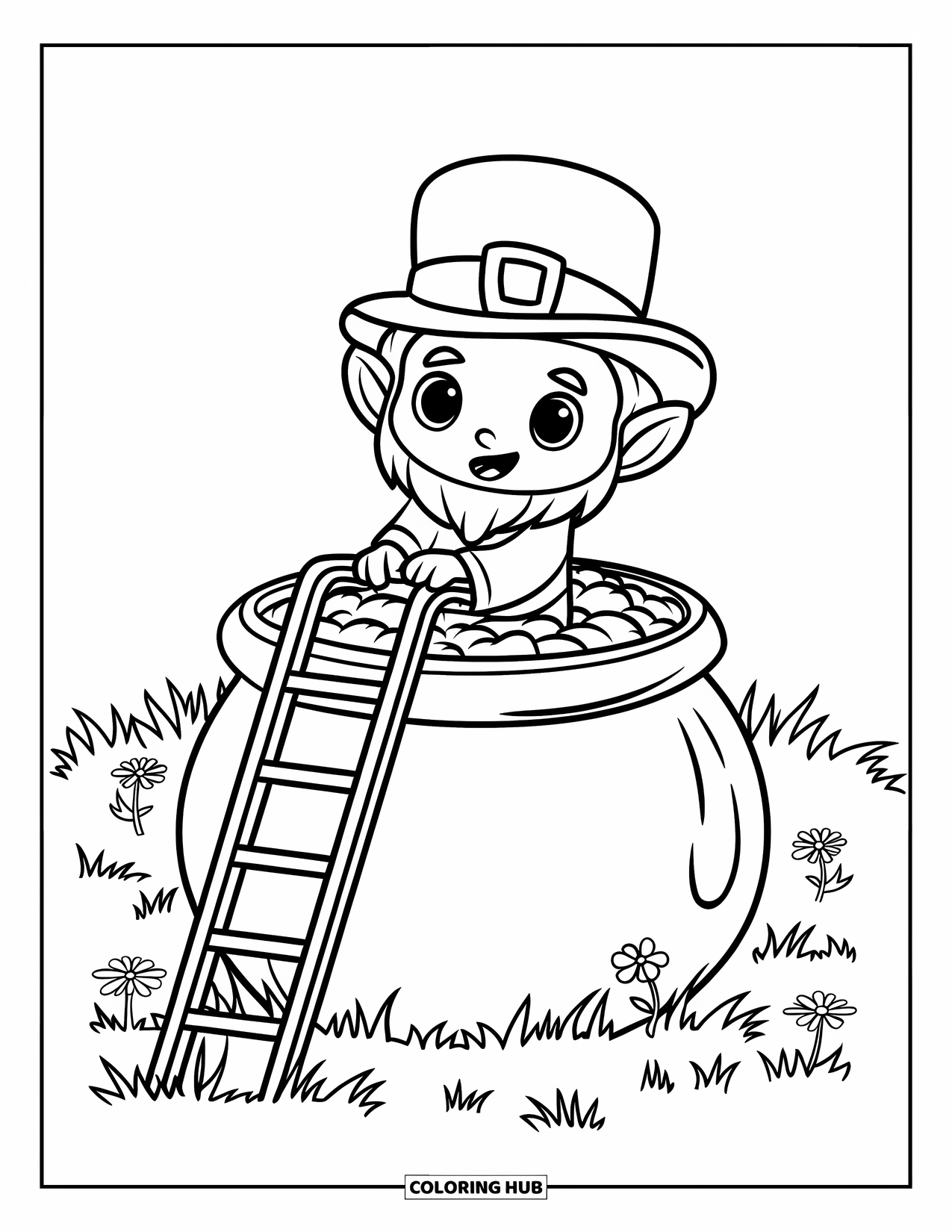Leprechaun Coloring Page for Kids: A leprechaun climbing onto a pot of gold on a ladder