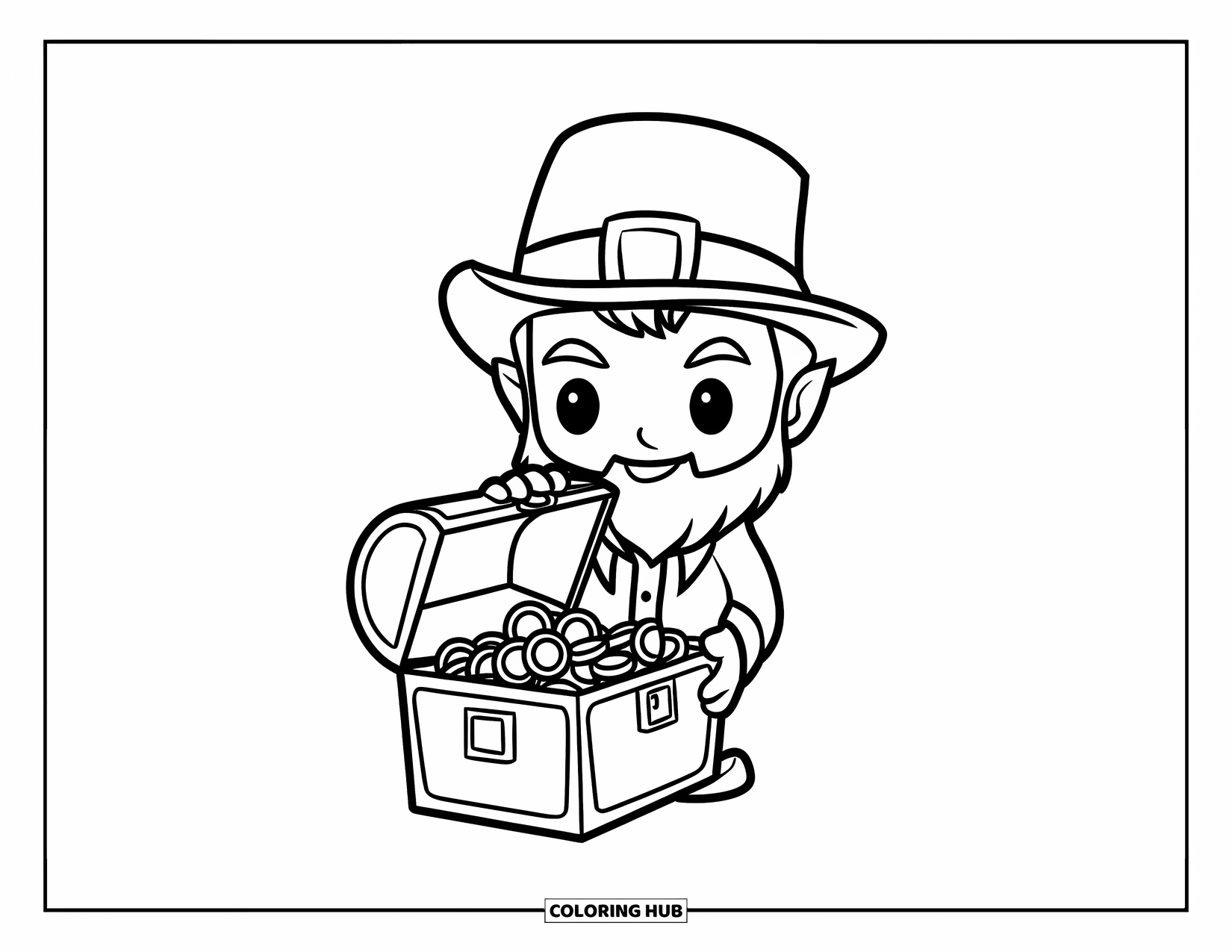 Leprechaun Coloring Page for Kids: A leprechaun holding a chest filled with gold coins