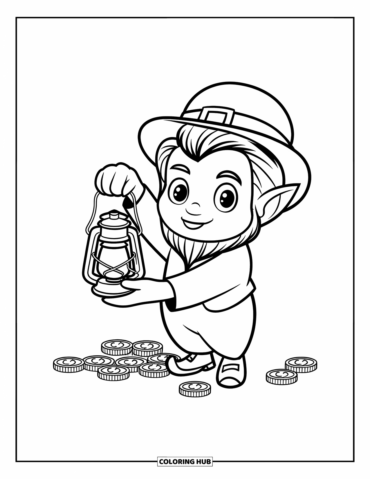 Leprechaun Coloring Page for Kids: A leprechaun holding a lantern above his head with coins