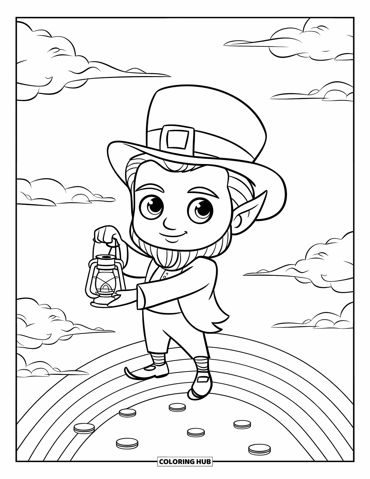 Leprechaun Coloring Page for Kids: A leprechaun holding a lantern while standing on a rainbow