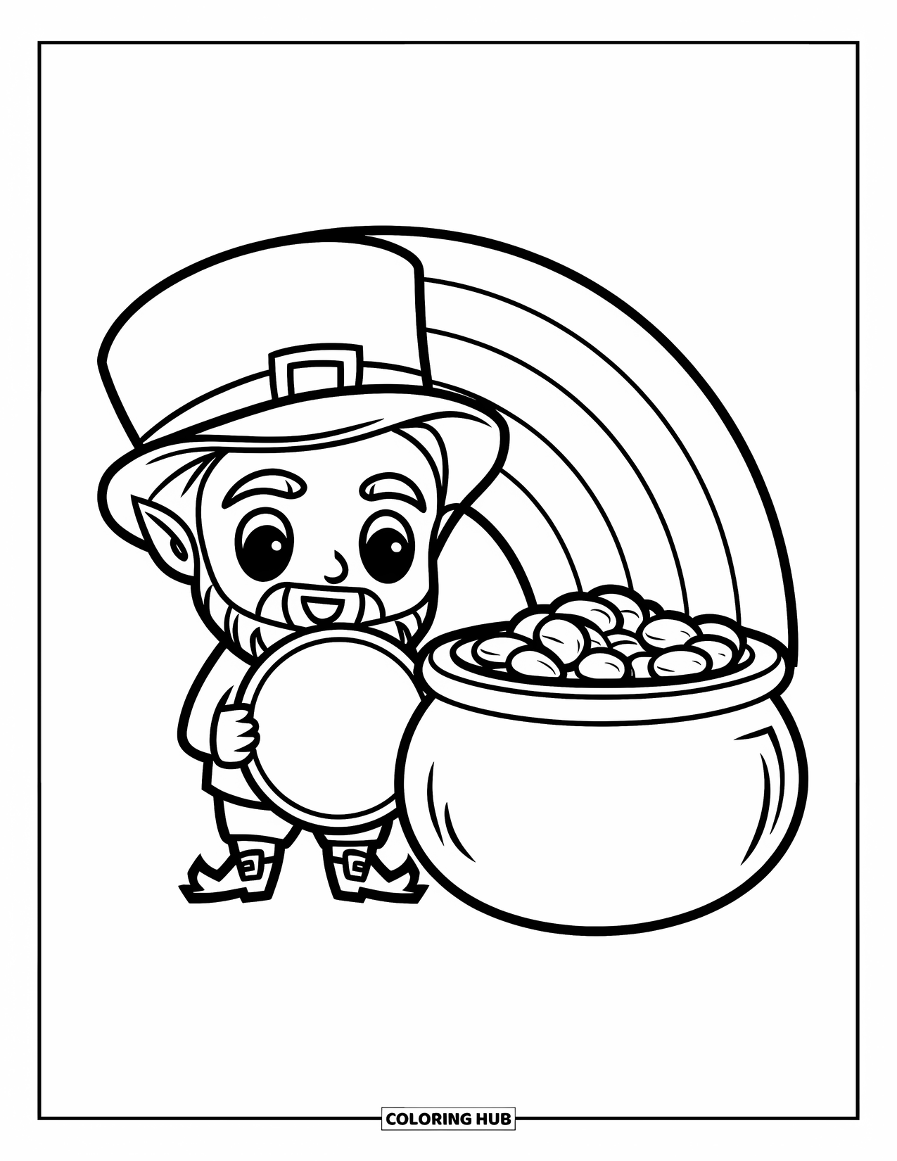 Leprechaun Coloring Page for Kids: A leprechaun holding a large coin beside a pot of gold