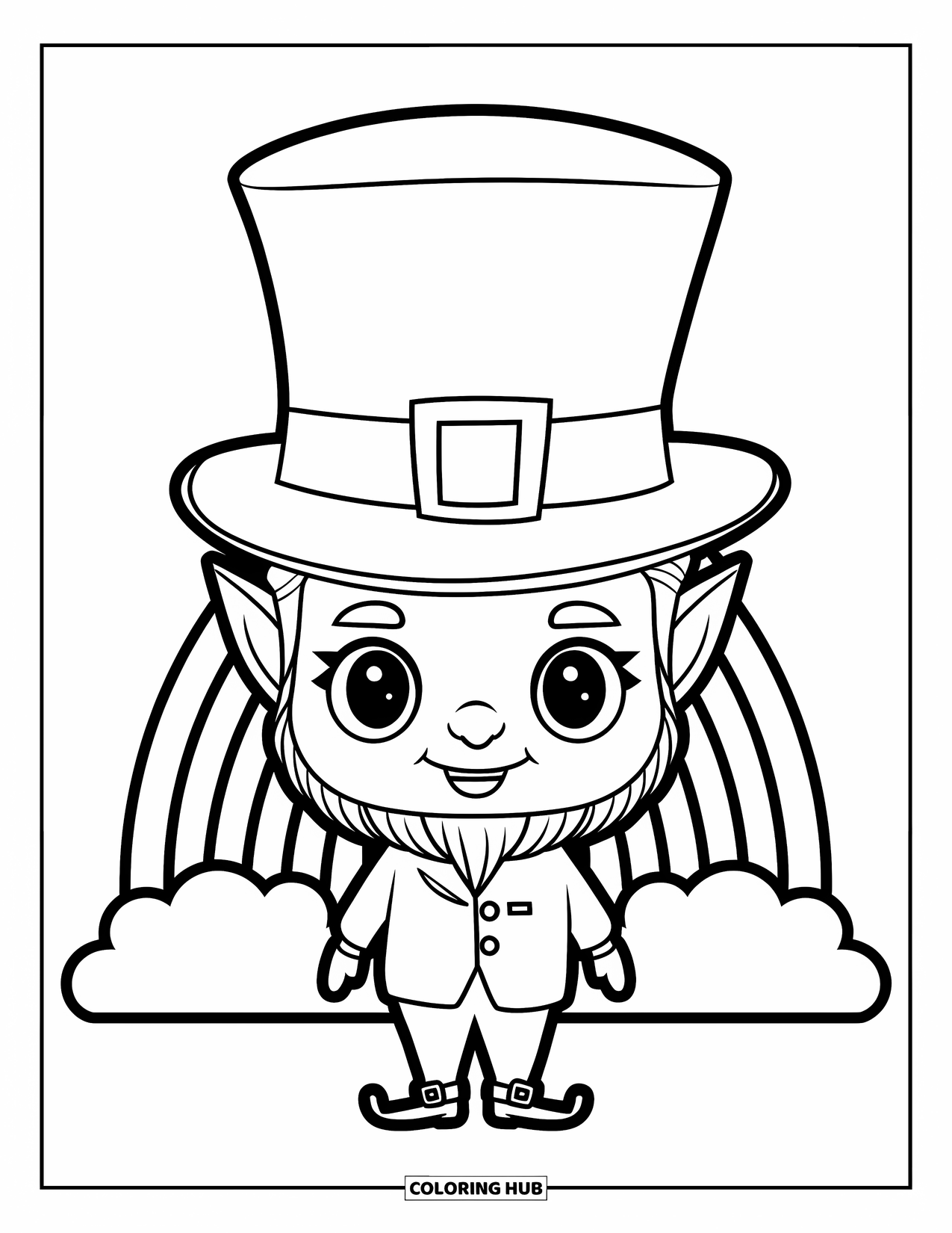 Leprechaun Coloring Page for Kids: A leprechaun in a tall hat standing before a rainbow