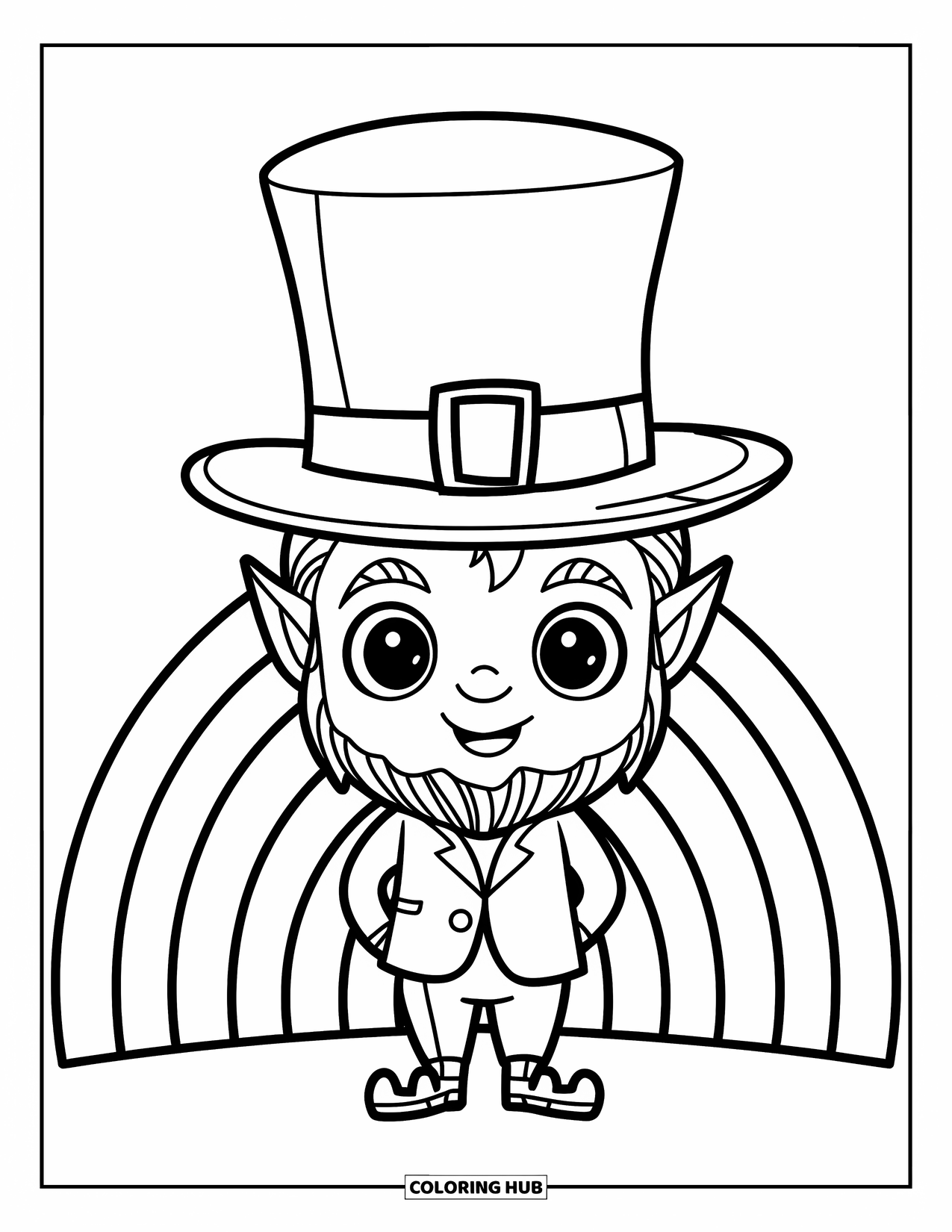 Leprechaun Coloring Page for Kids: A leprechaun in tall hat smiling under a rainbow