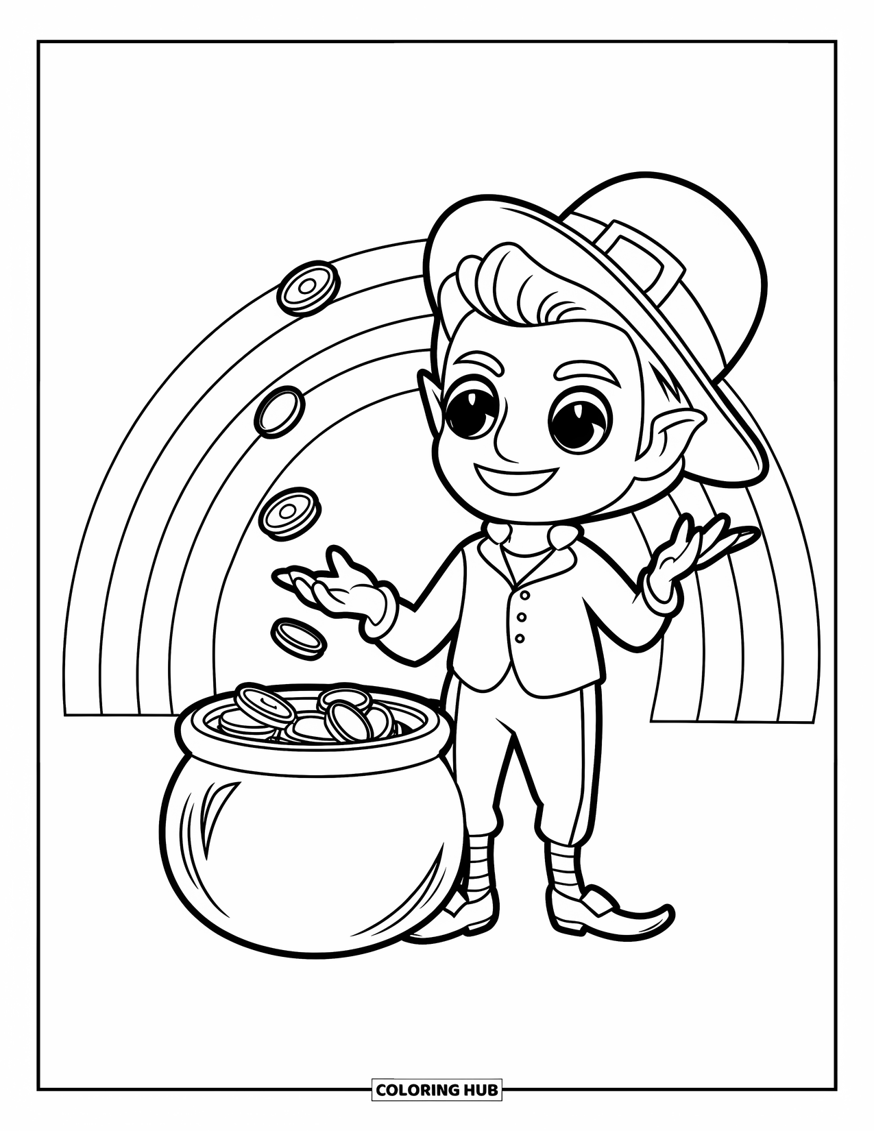 Leprechaun Coloring Page for Kids: A leprechaun juggling coins beside a gold pot and rainbow