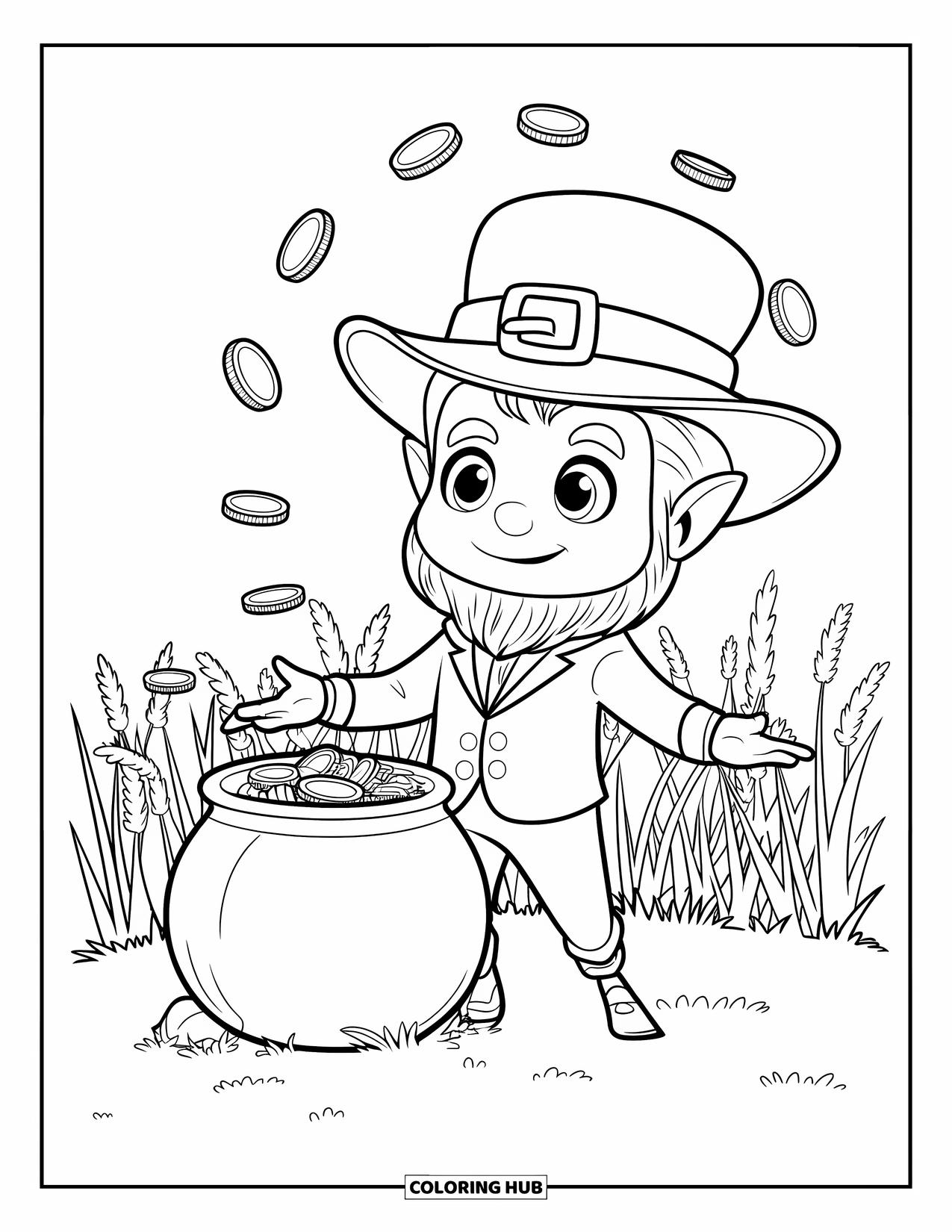 Leprechaun Coloring Page for Kids: A leprechaun juggling coins with pot of gold in grass