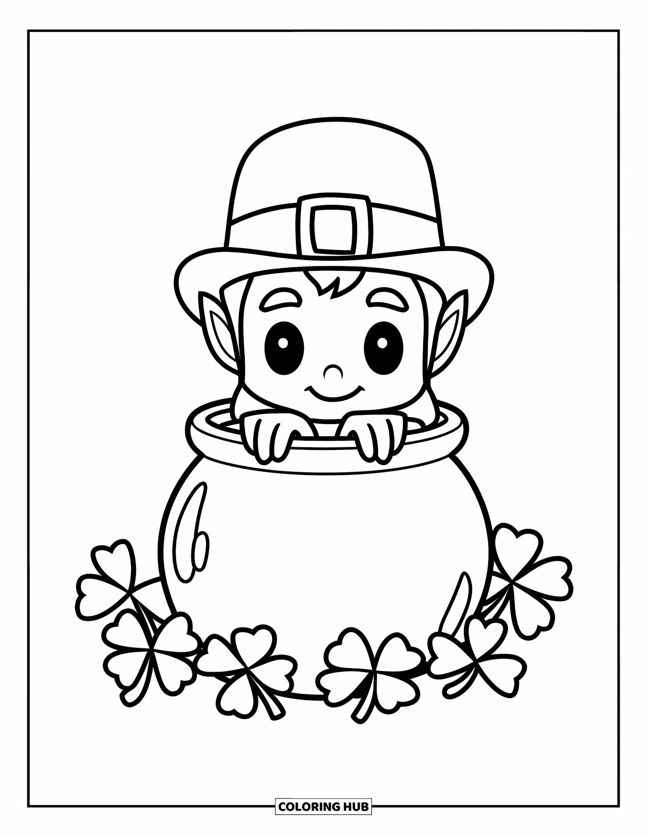 Leprechaun Coloring Page for Kids: A leprechaun leaning against a pot of gold with clovers