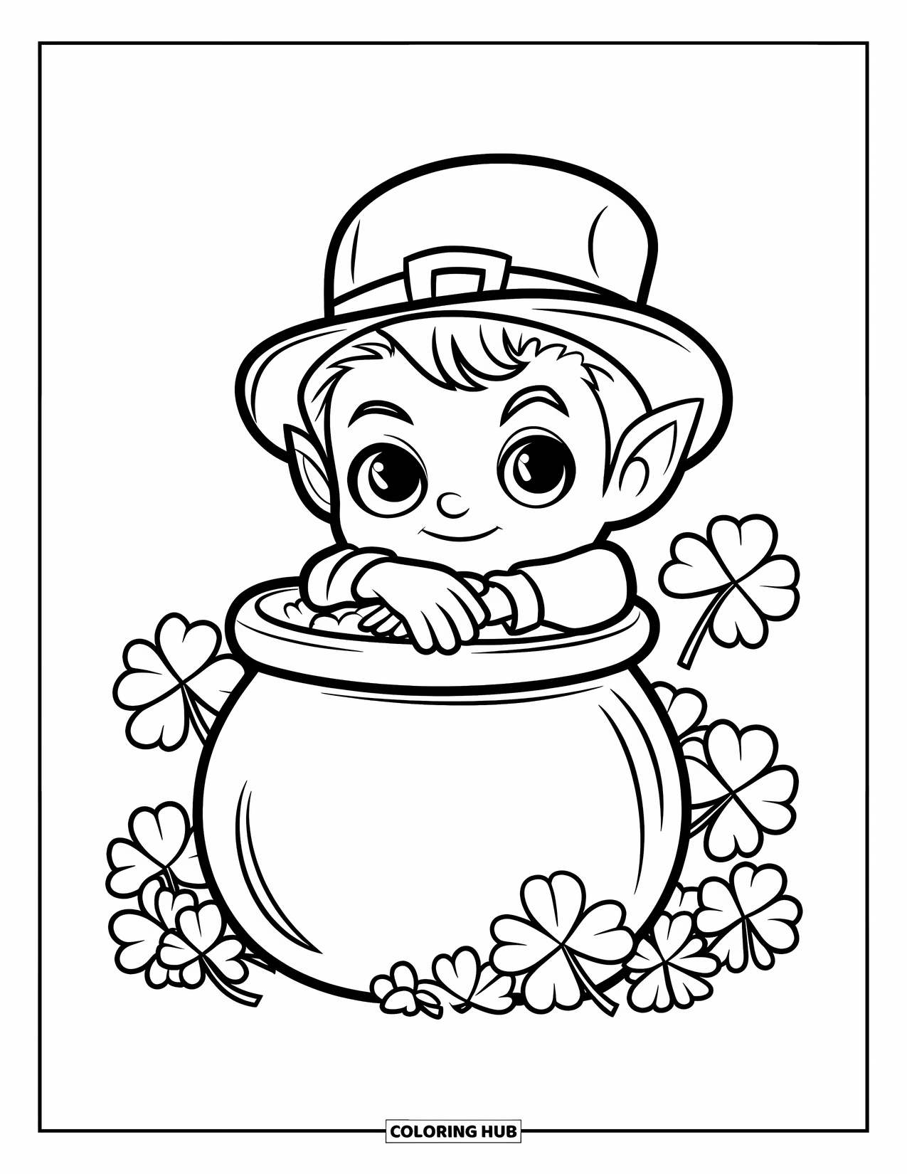 Leprechaun Coloring Page for Kids: A leprechaun leaning on a gold pot with clovers around