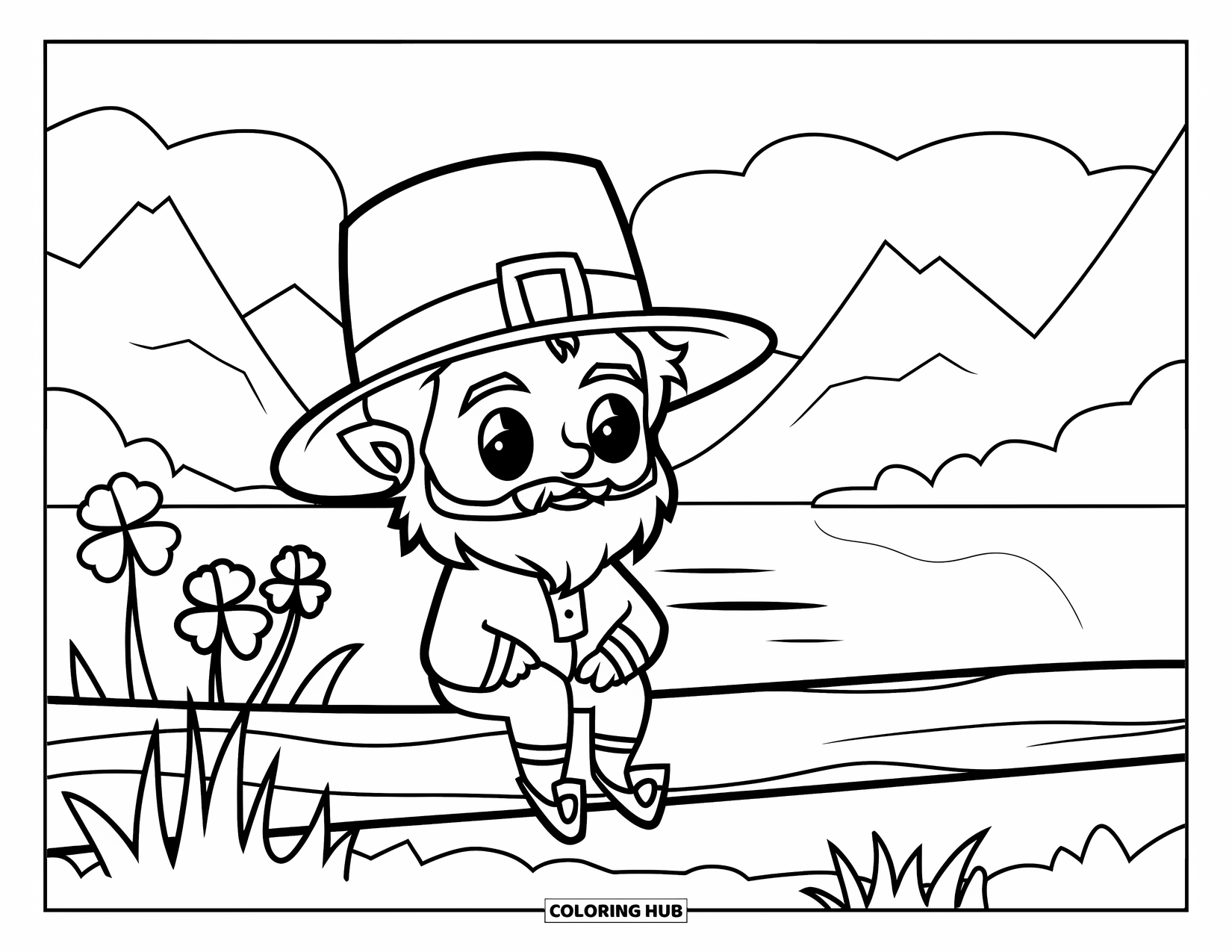 Leprechaun Coloring Page for Kids: A leprechaun on a log near water and mountains
