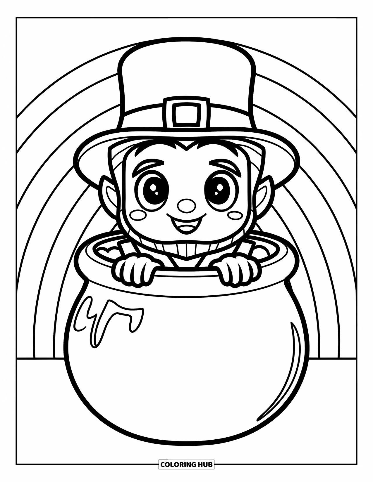 Leprechaun Coloring Page for Kids: A leprechaun peeking from a gold pot with rainbow behind