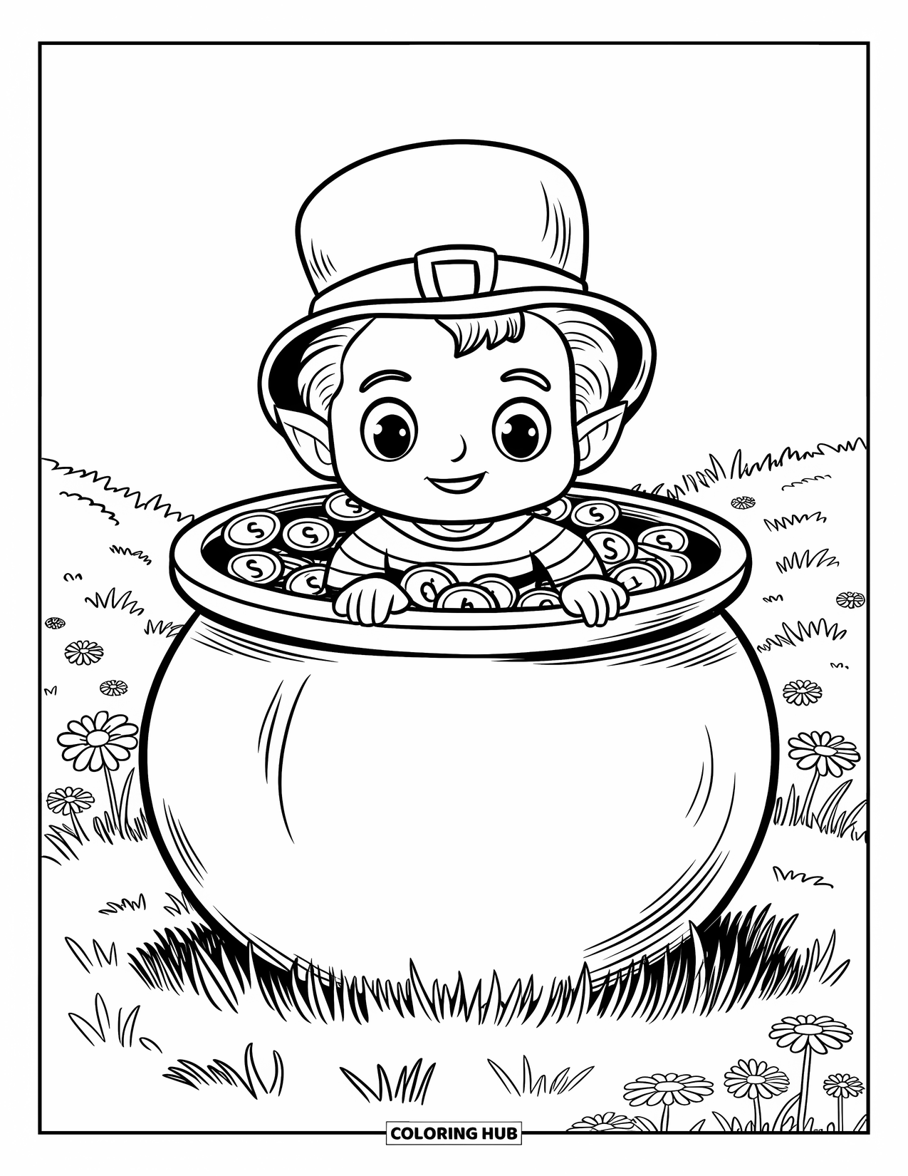 Leprechaun Coloring Page for Kids: A leprechaun peeking from pot of gold on a stone