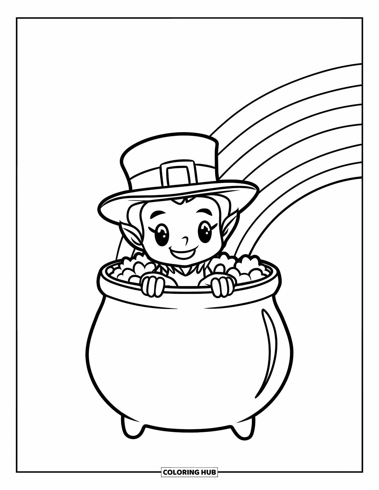 Leprechaun Coloring Page for Kids: A leprechaun peeking out of a pot of gold with rainbow