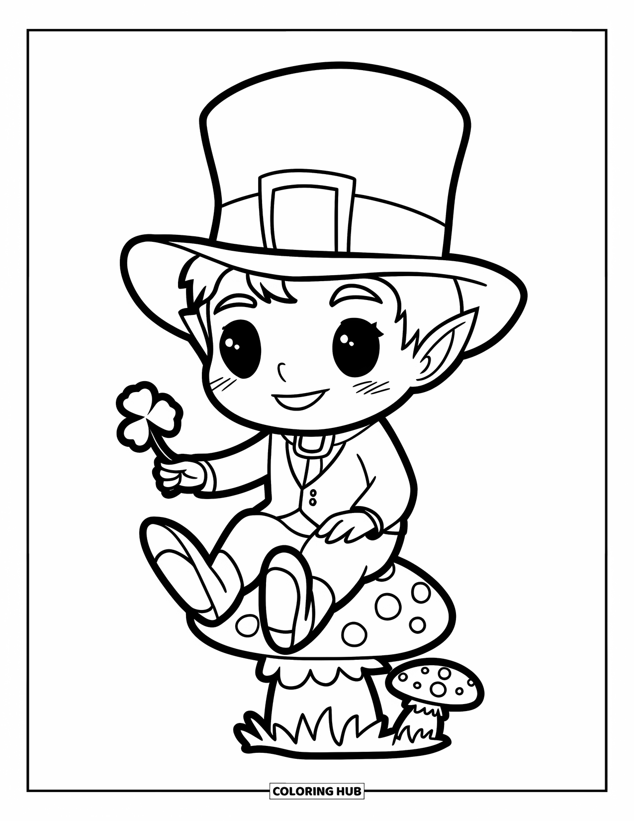Leprechaun Coloring Page for Kids: A leprechaun sitting on a mushroom holding a clover