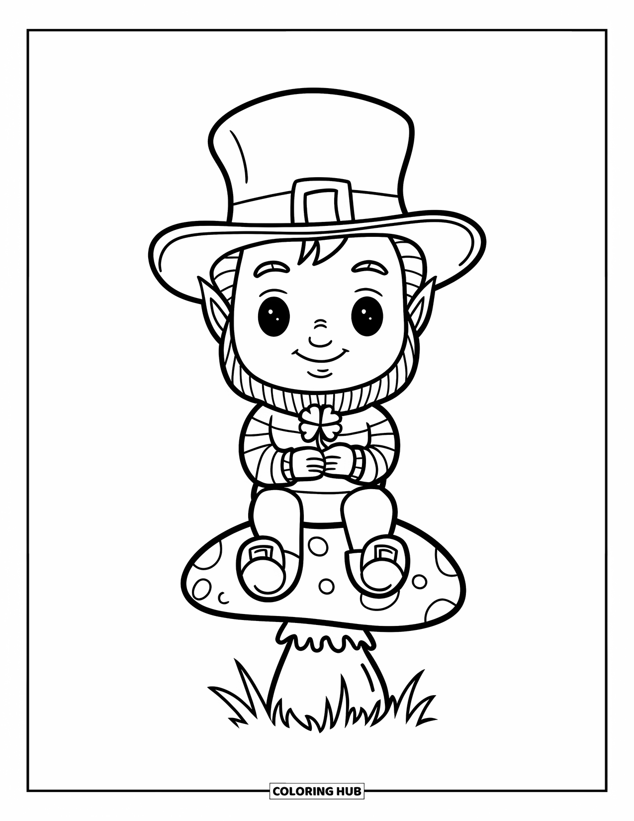 Leprechaun Coloring Page for Kids: A leprechaun sitting on a mushroom wearing striped shirt