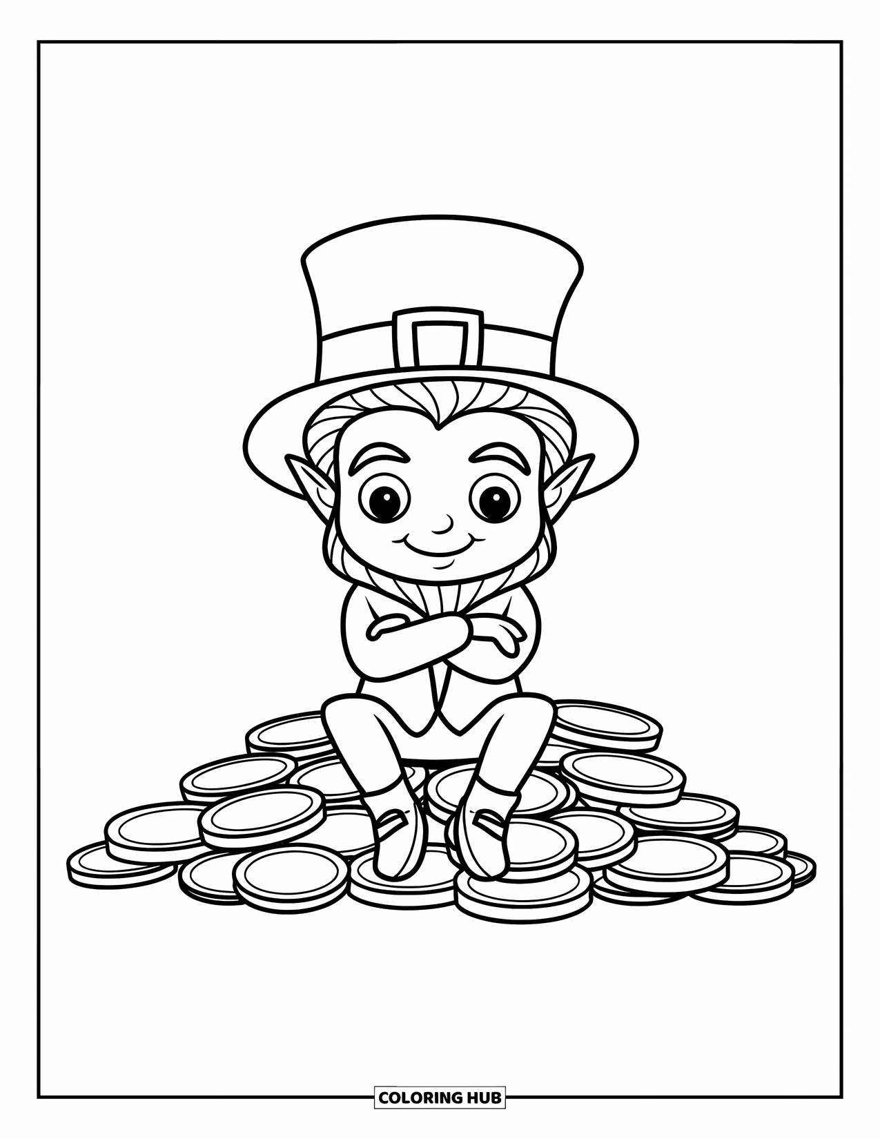 Leprechaun Coloring Page for Kids: A leprechaun sitting with crossed arms on gold coins