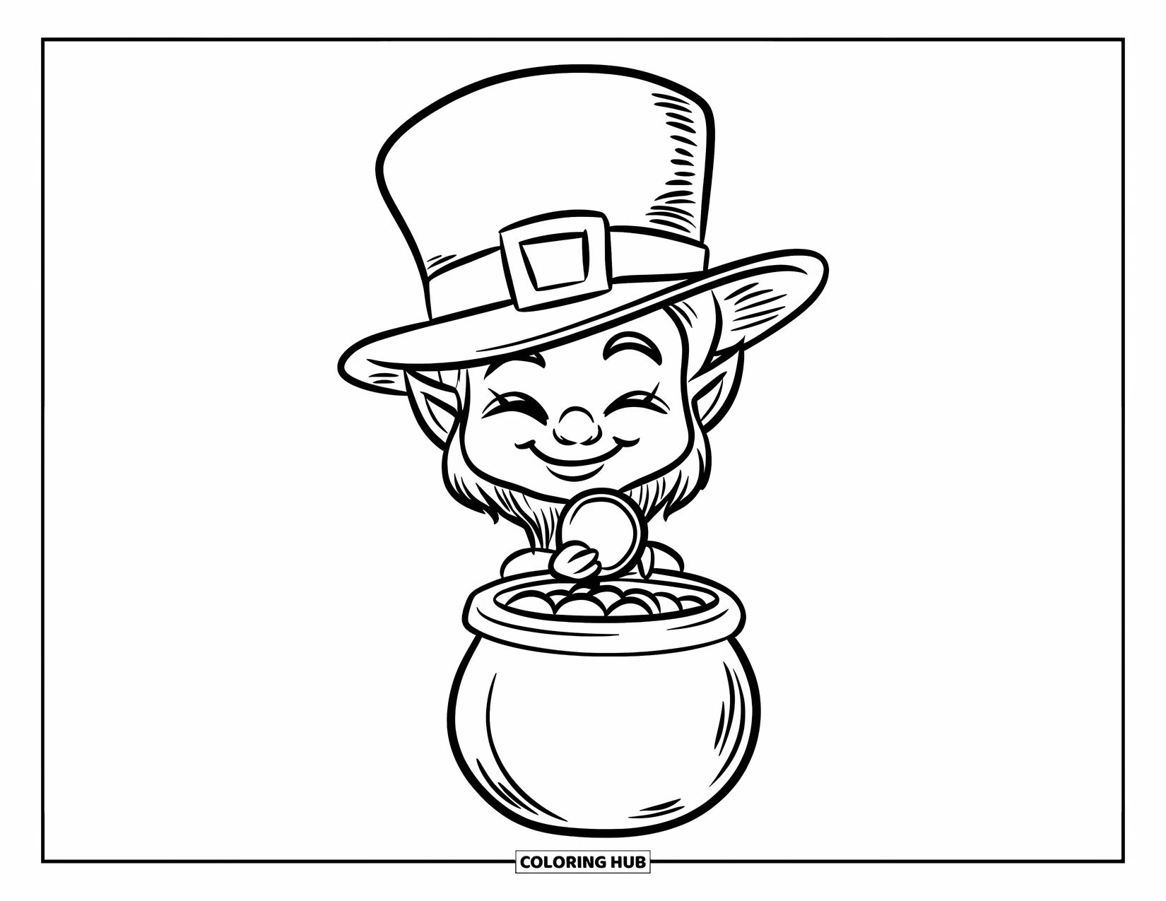Leprechaun Coloring Page for Kids: A leprechaun smiling with big hat and pot of gold