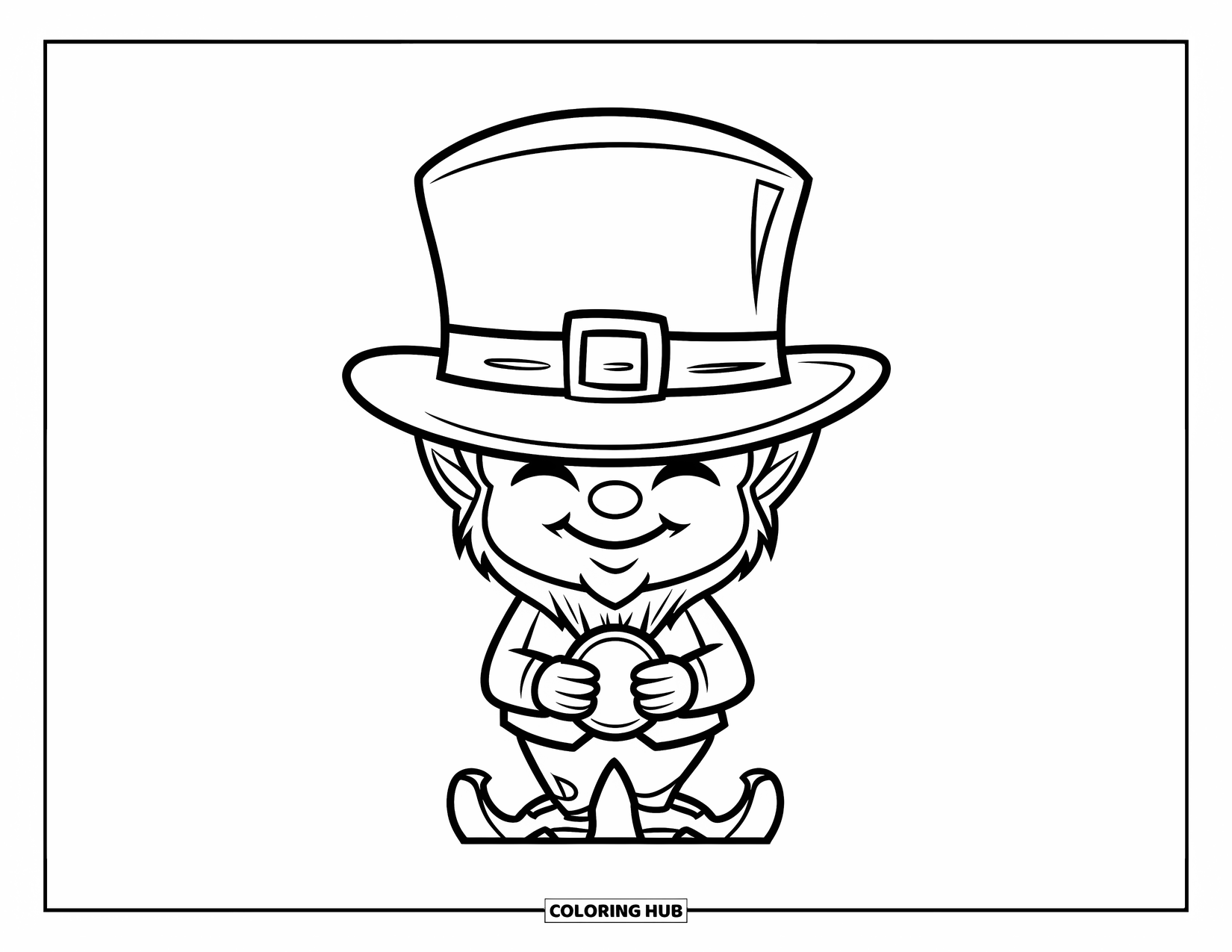 Leprechaun Coloring Page for Kids: A leprechaun smiling with big hat holding a gold coin