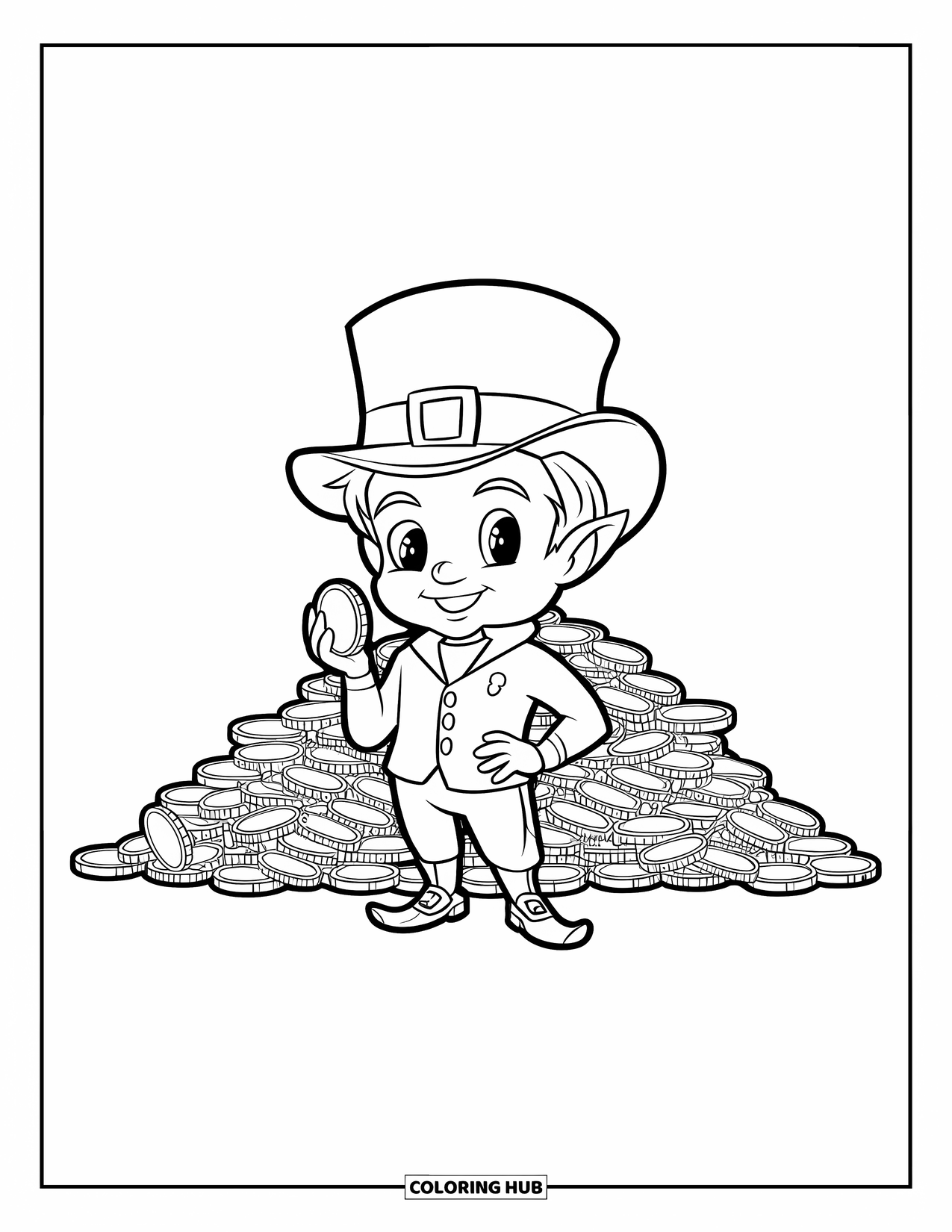 Leprechaun Coloring Page for Kids: A leprechaun standing proudly beside a pile of gold