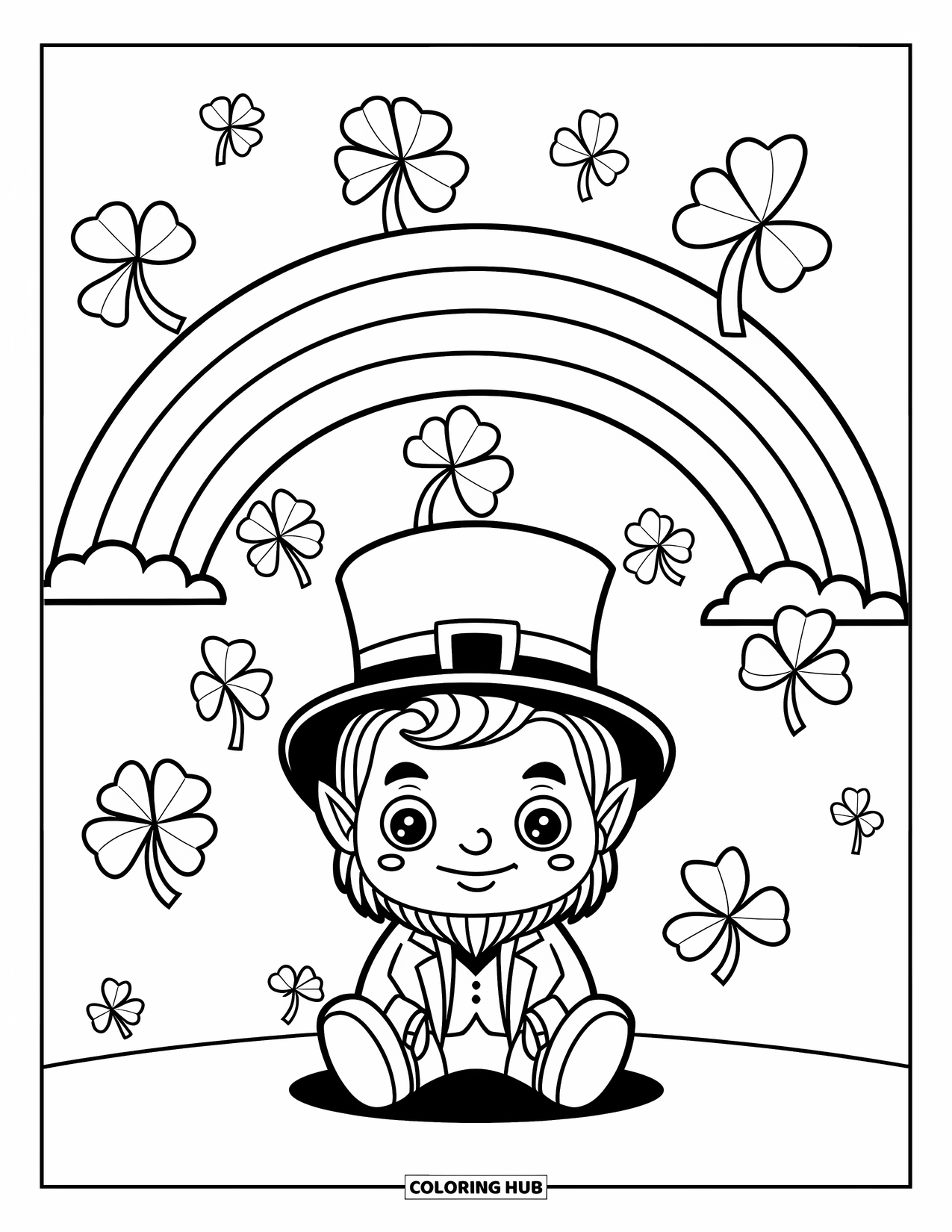 Leprechaun Coloring Page for Kids: A leprechaun under a rainbow with shamrocks in the sky