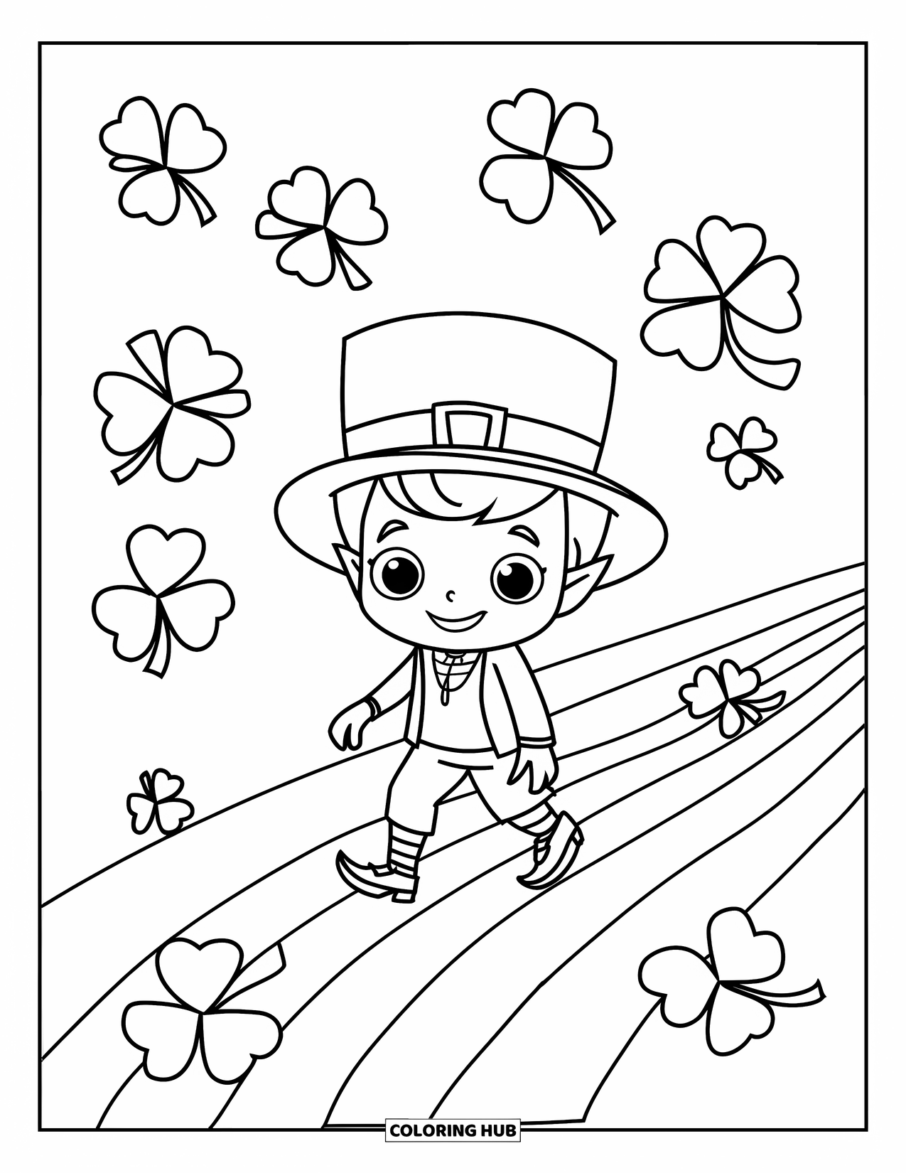 Leprechaun Coloring Page for Kids: A leprechaun walking on a rainbow path with clovers