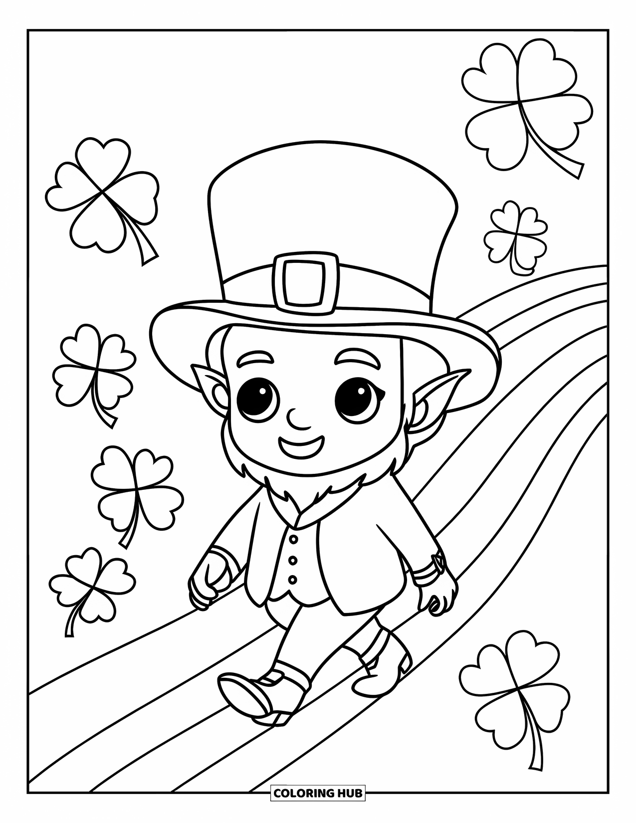 Leprechaun Coloring Page for Kids: A leprechaun walking on a rainbow with clovers in a field