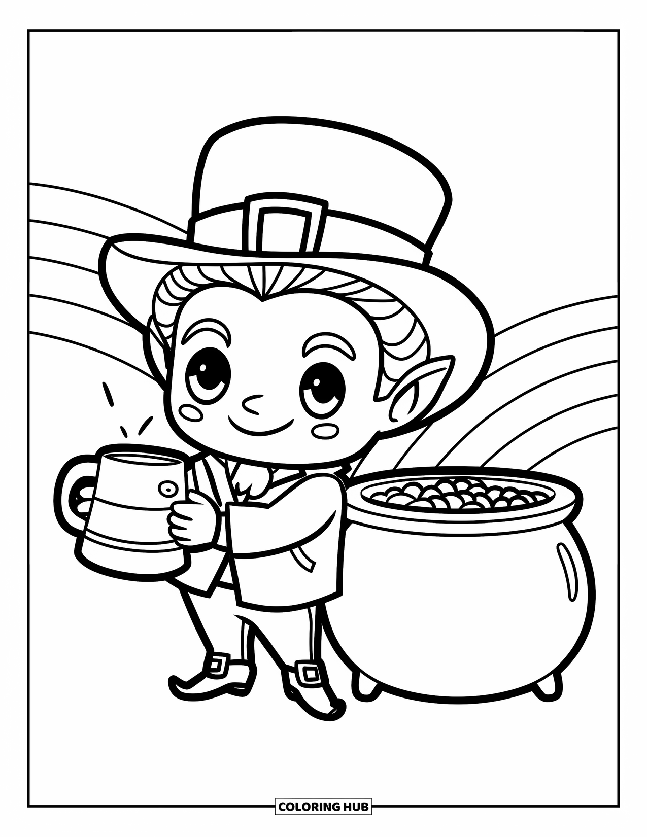 Leprechaun Coloring Page for Kids: A leprechaun with a mug and coat beside a gold pot